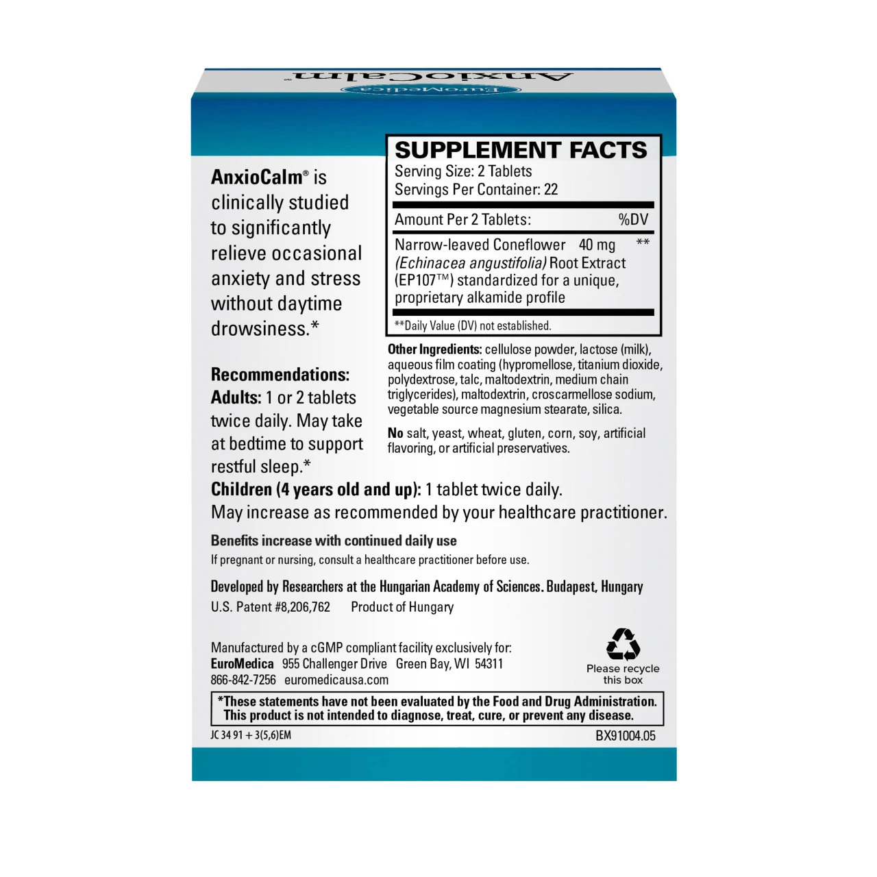 AnxioCalm supplement facts and recommendations on the box