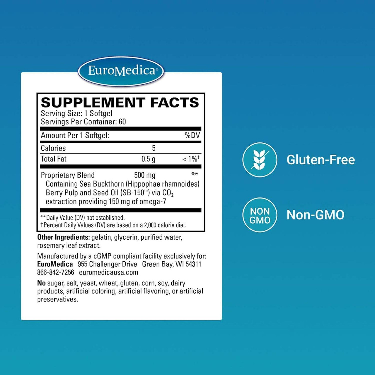 ProHydra-7 supplement facts panel, 1 softgel serving, with gluten-free and non-GMO icons