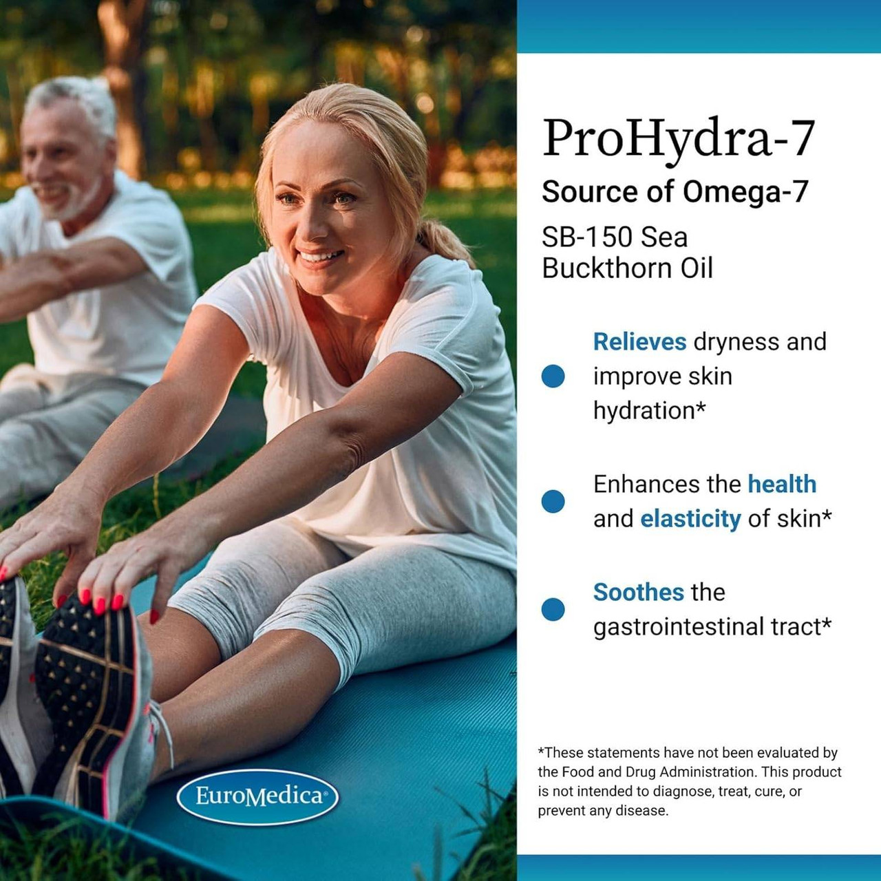 Older couple stretching outdoors, ProHydra-7 sea buckthorn oil benefits graphic