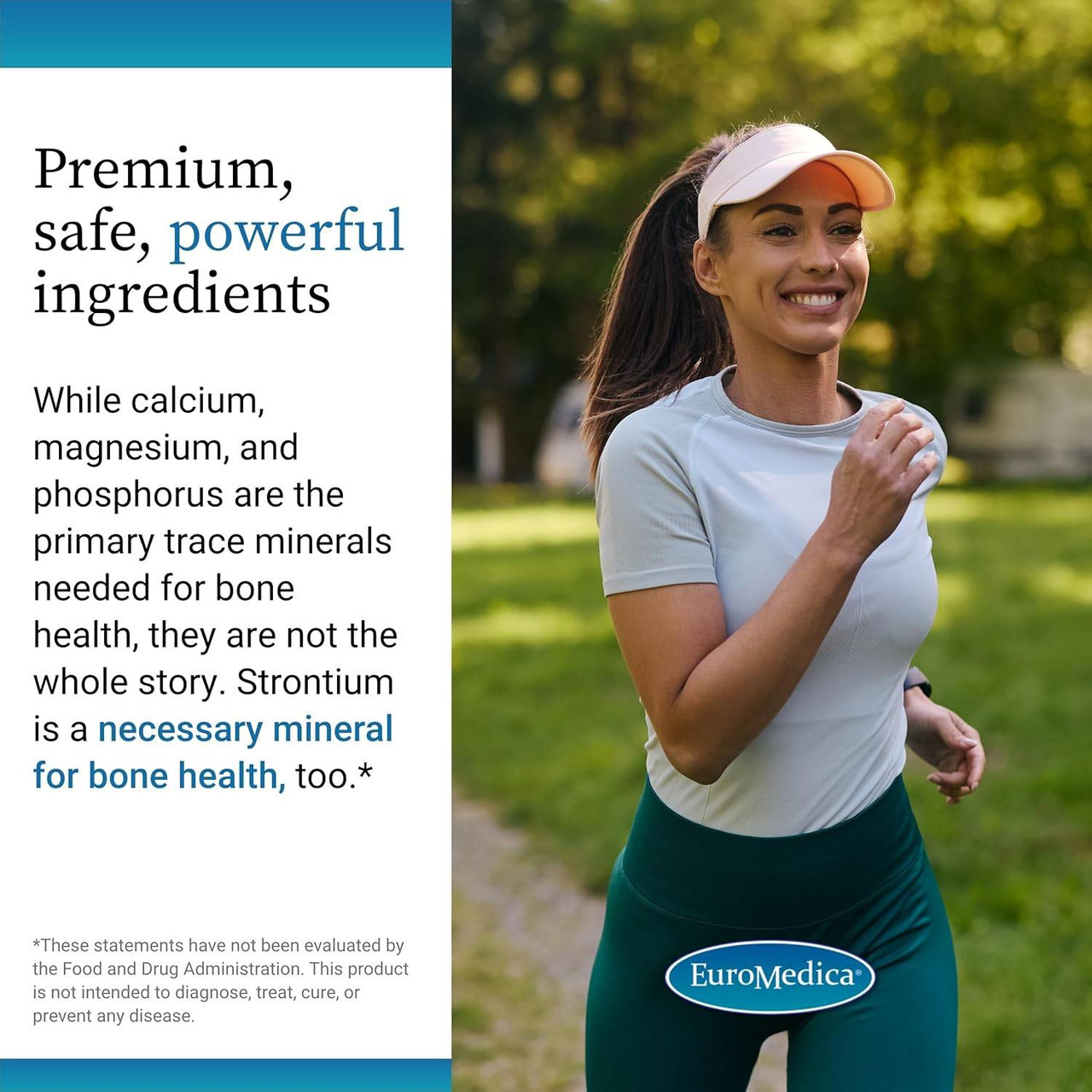 Woman jogging outdoors, premium, safe, powerful ingredients text about strontium