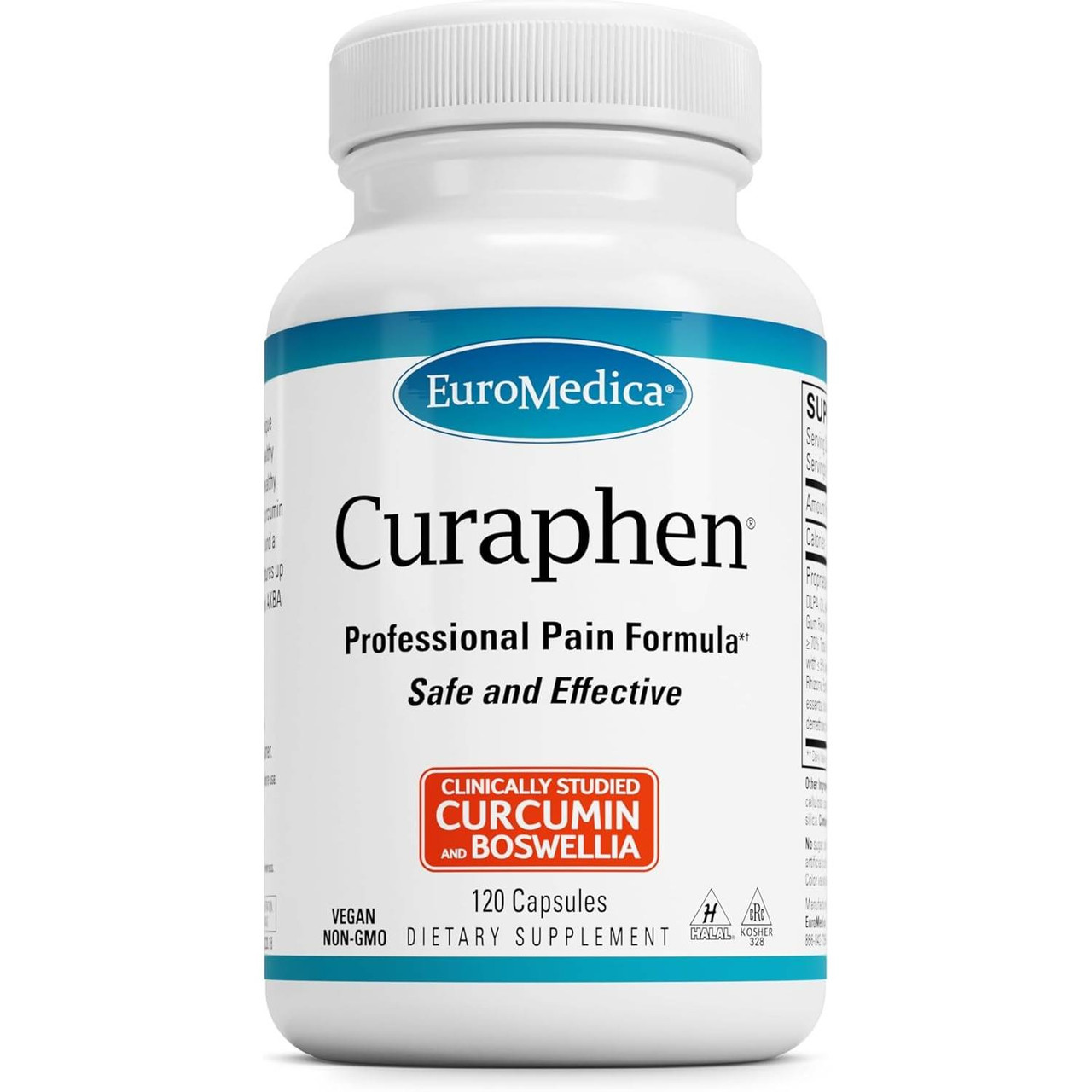 EuroMedica Curaphen with clinically studied curcumin and boswellia 120 capsule bottle
