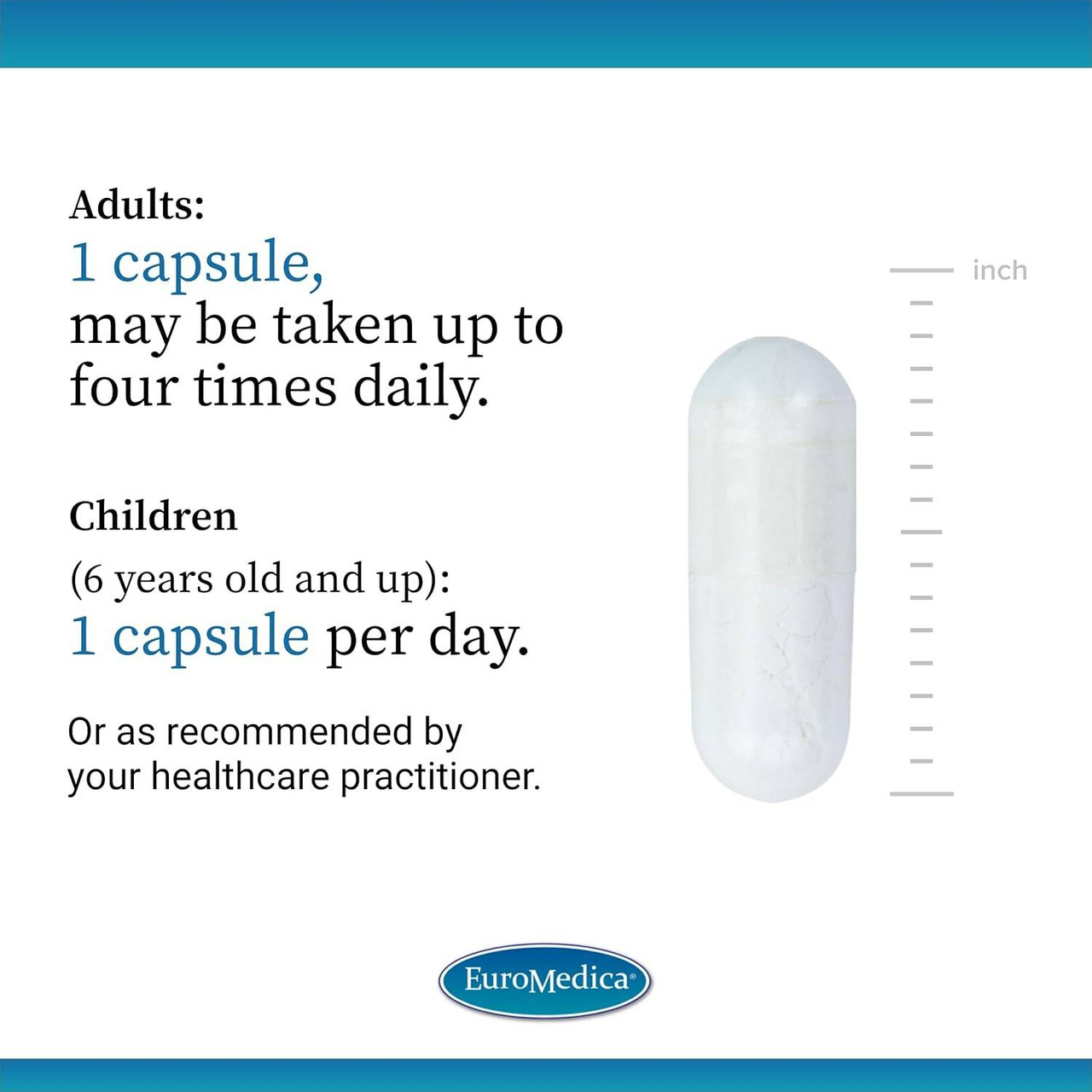 Clear capsule with white powder beside a ruler, 1 capsule up to four times daily