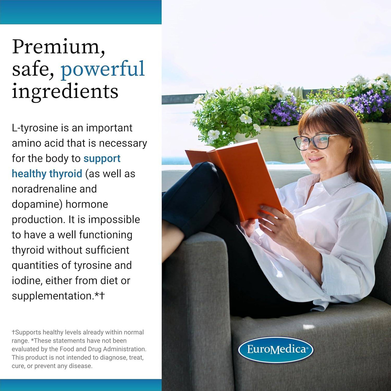 Woman reading on a couch, L-tyrosine for thyroid health ingredients graphic