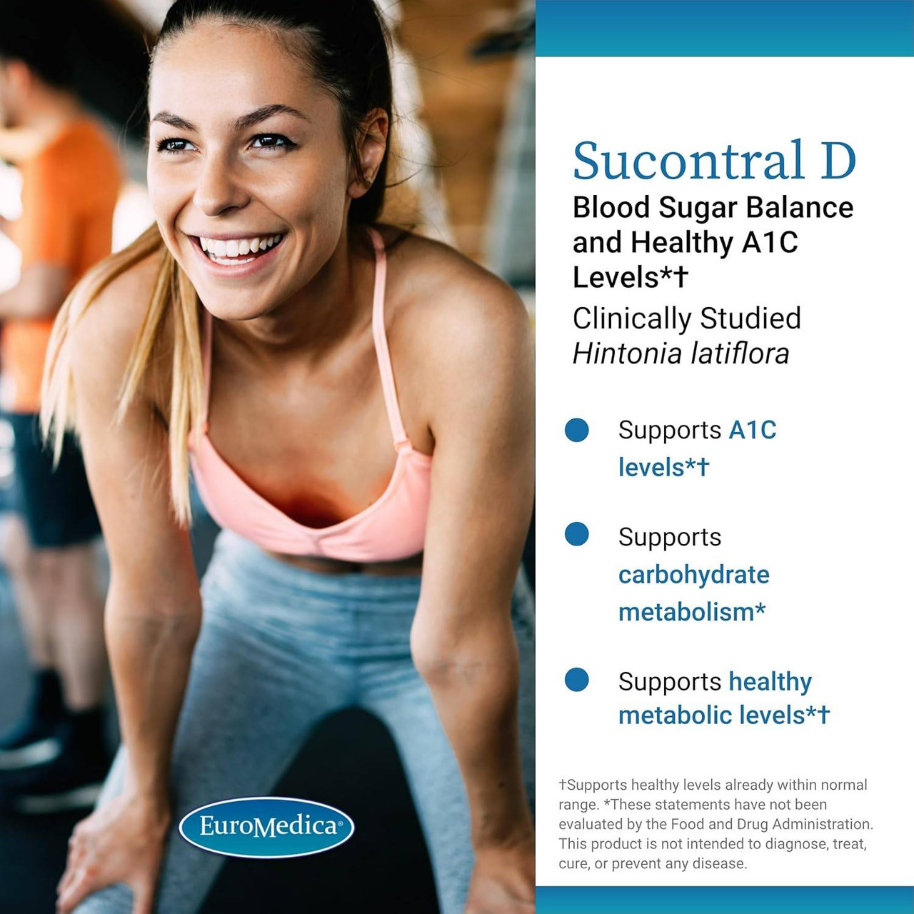Smiling woman at the gym with Sucontral D benefit points