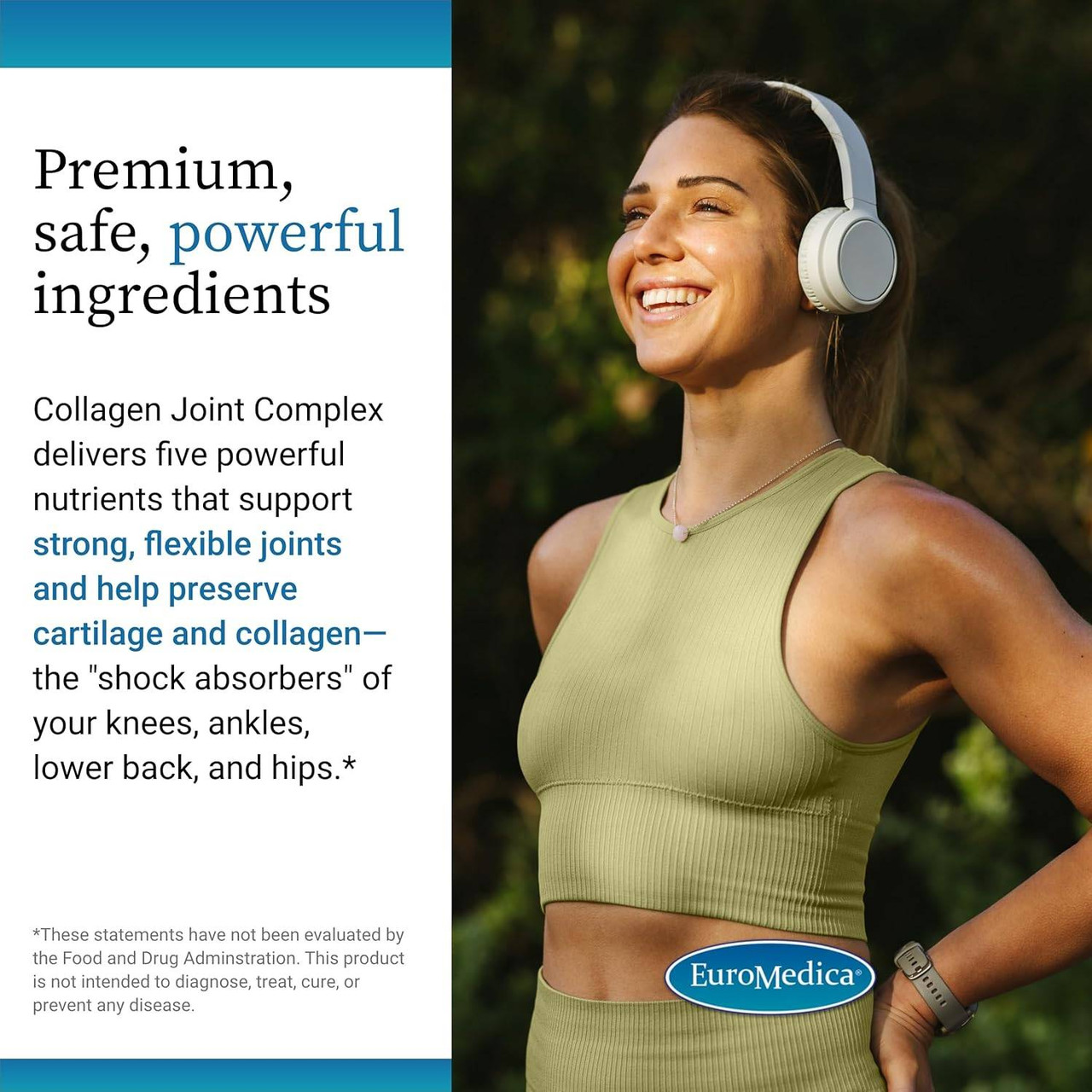 Woman with headphones after a workout, premium, safe, powerful ingredients graphic