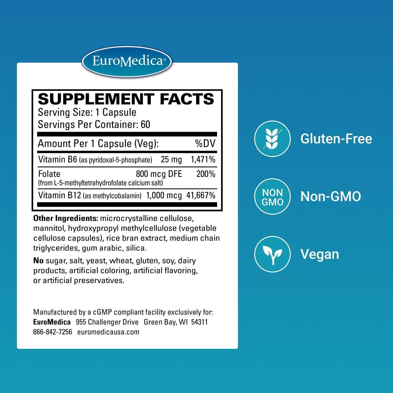 Active B Complex supplement facts with B6 folate B12, gluten-free non-GMO vegan icons