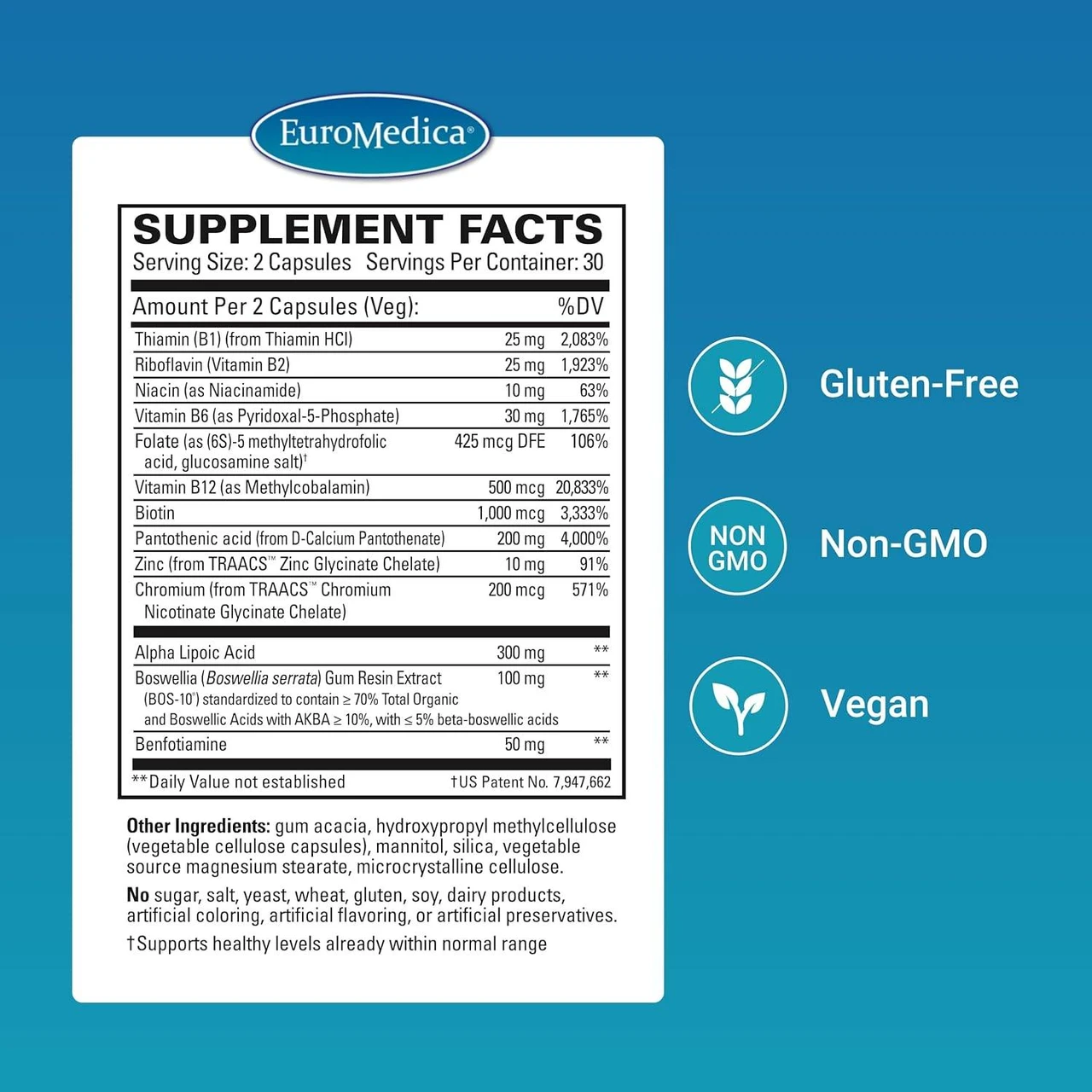 Nerve Complex supplement facts, 2 capsule serving, with gluten-free, non-GMO and vegan icons