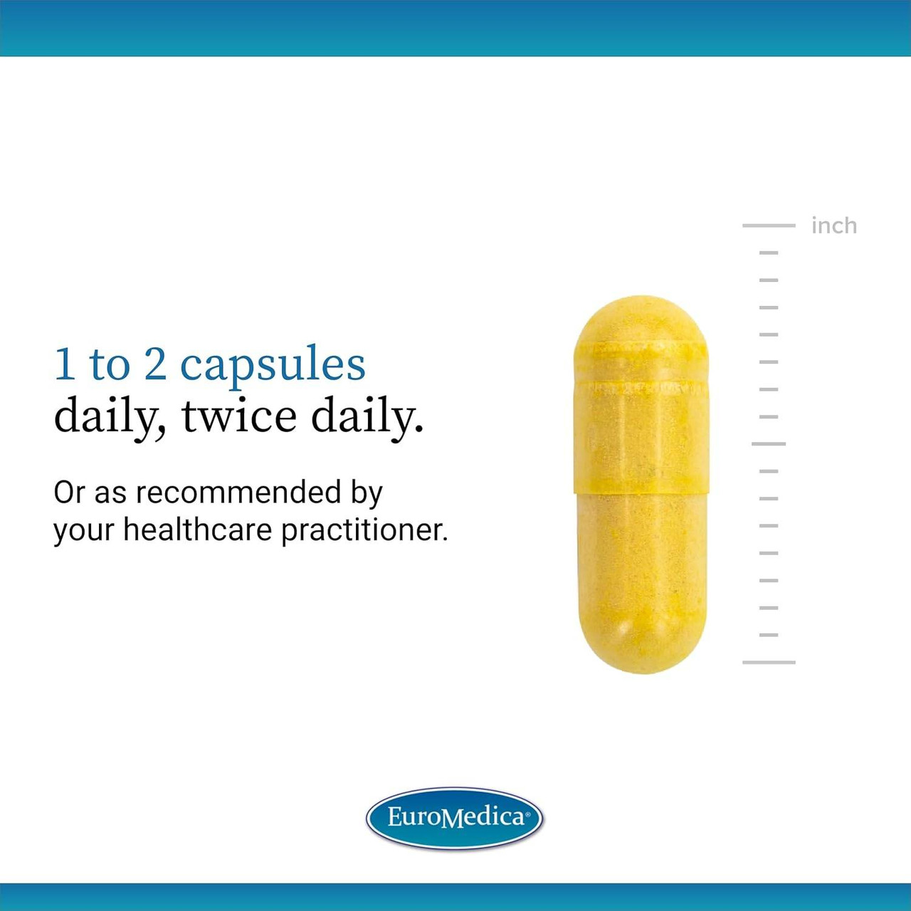 Single yellow capsule beside a ruler, 1 to 2 capsules twice daily