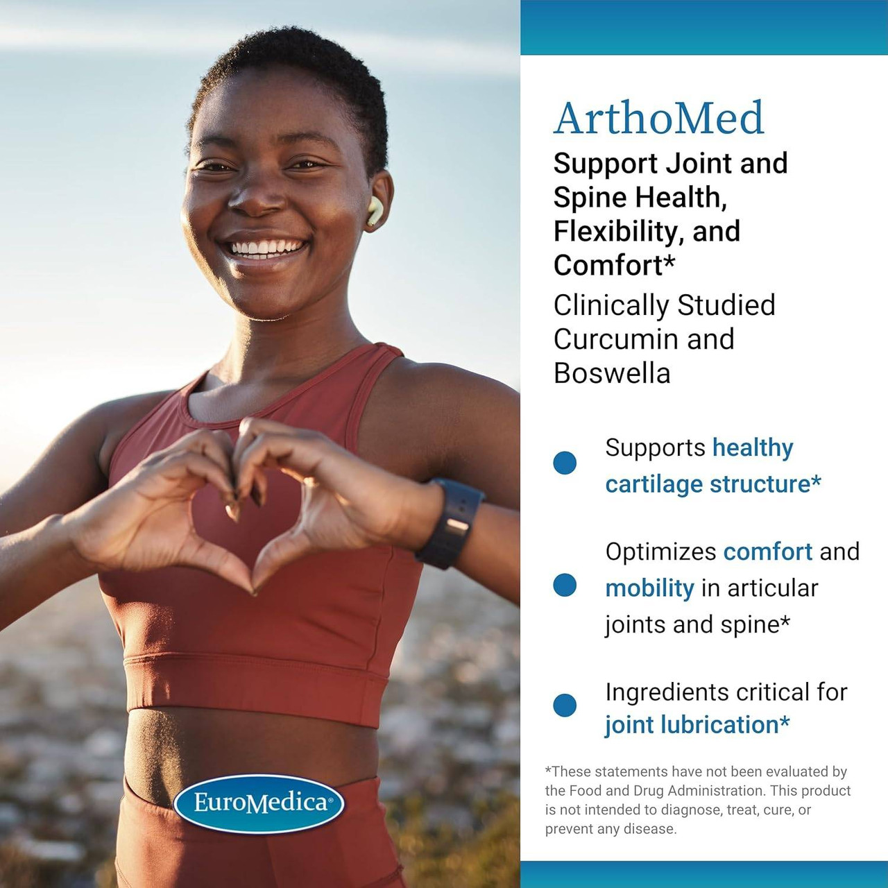 Smiling woman with clasped hands, ArthoMed cartilage comfort mobility graphic