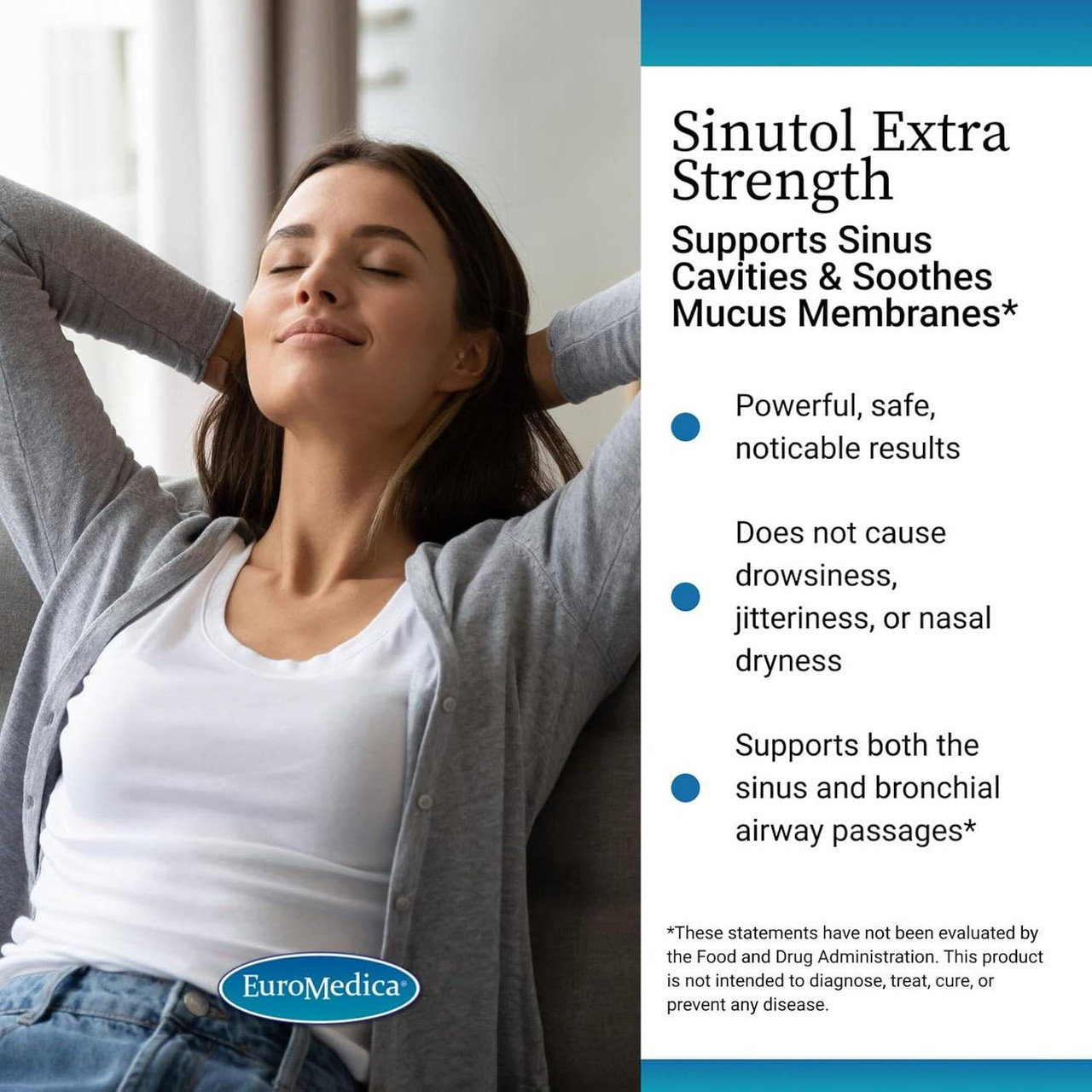 Woman relaxing with hands behind her head, Sinutol Extra Strength benefits list