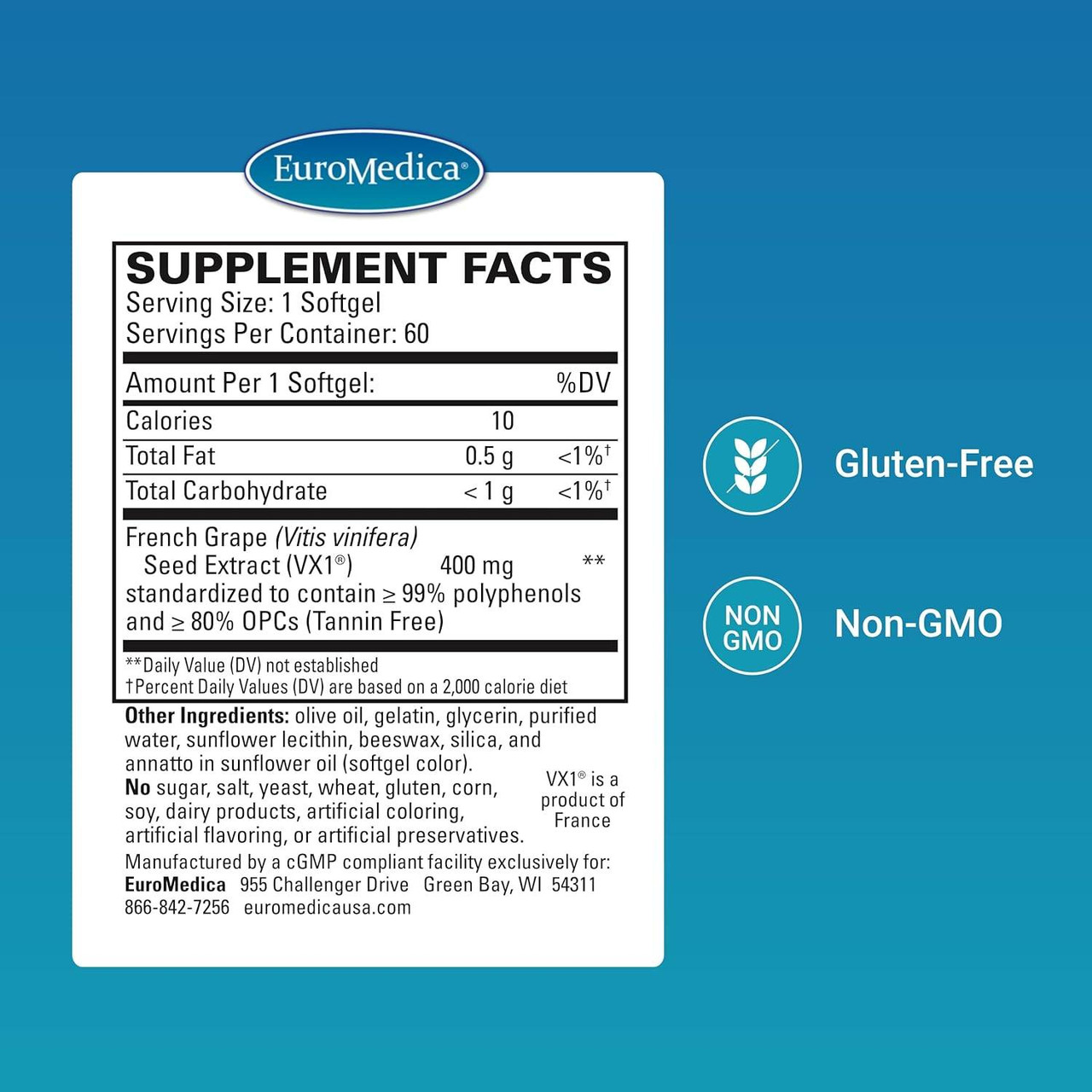 EuroMedica Clinical OPC - 400mg French Grape Seed Extract VX1 - 60 Softgels