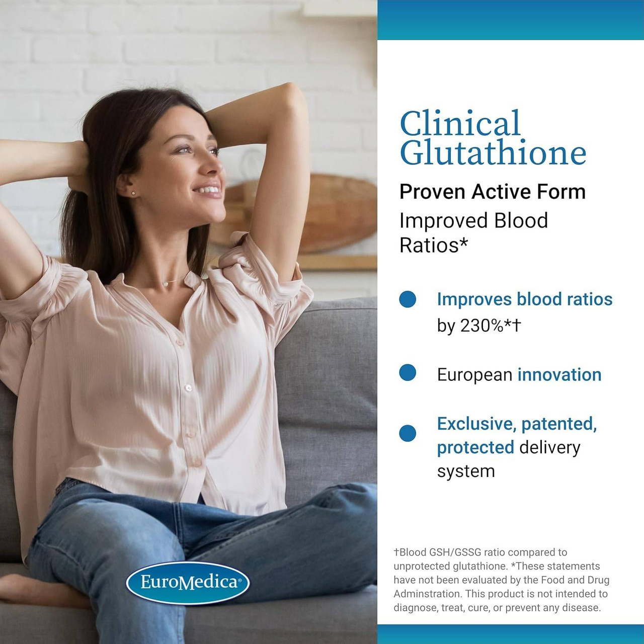 Woman on sofa, Clinical Glutathione patented delivery benefits graphic