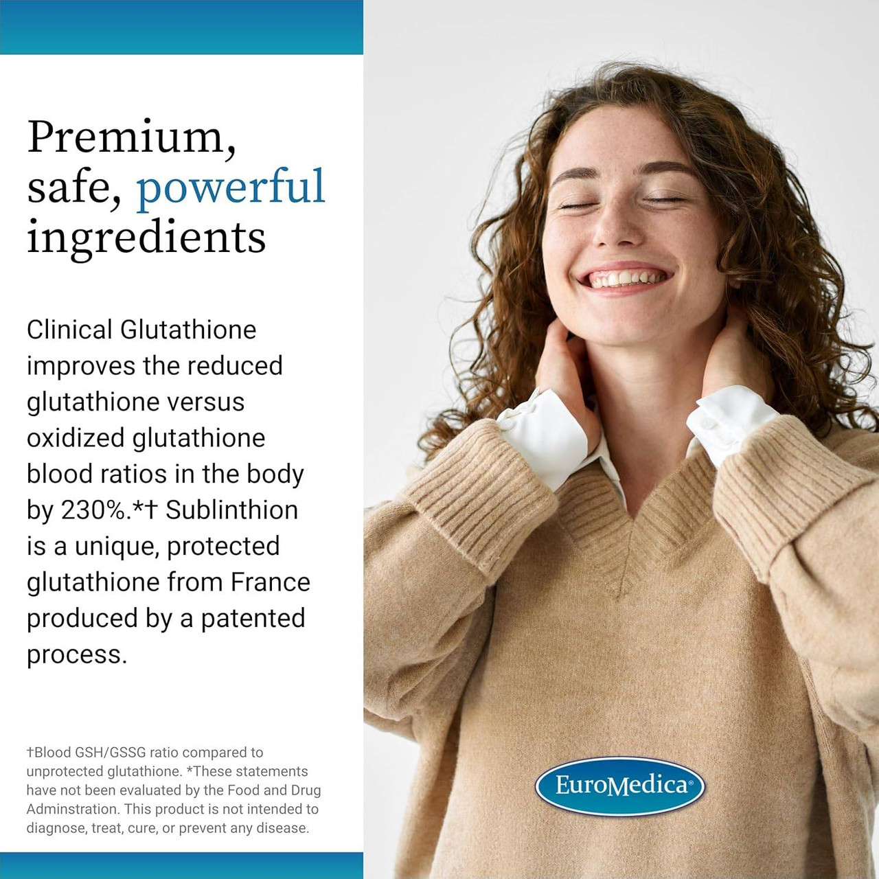 Woman touching neck, premium safe powerful glutathione ingredients