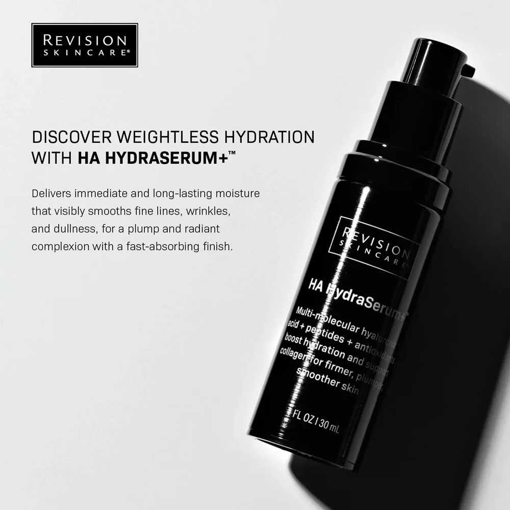 Angled HA HydraSerum+ bottle with product description text