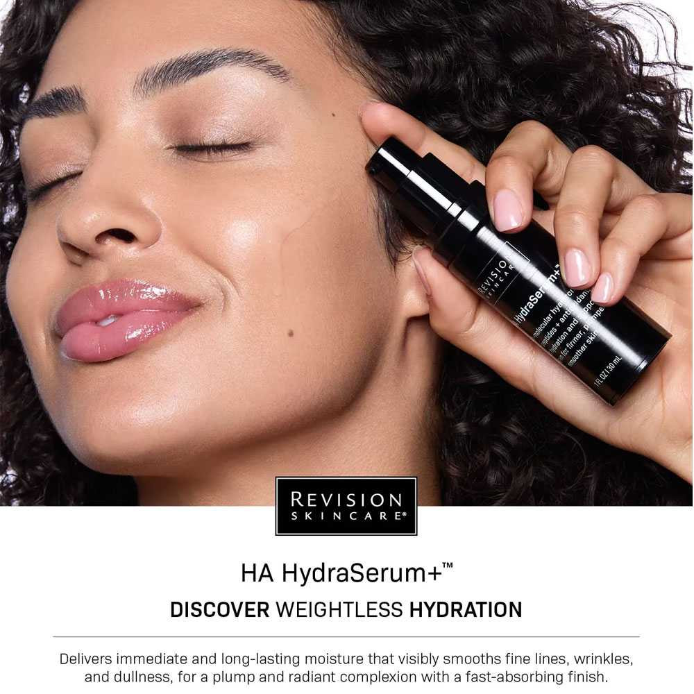 Woman holding HA HydraSerum+ bottle near her face