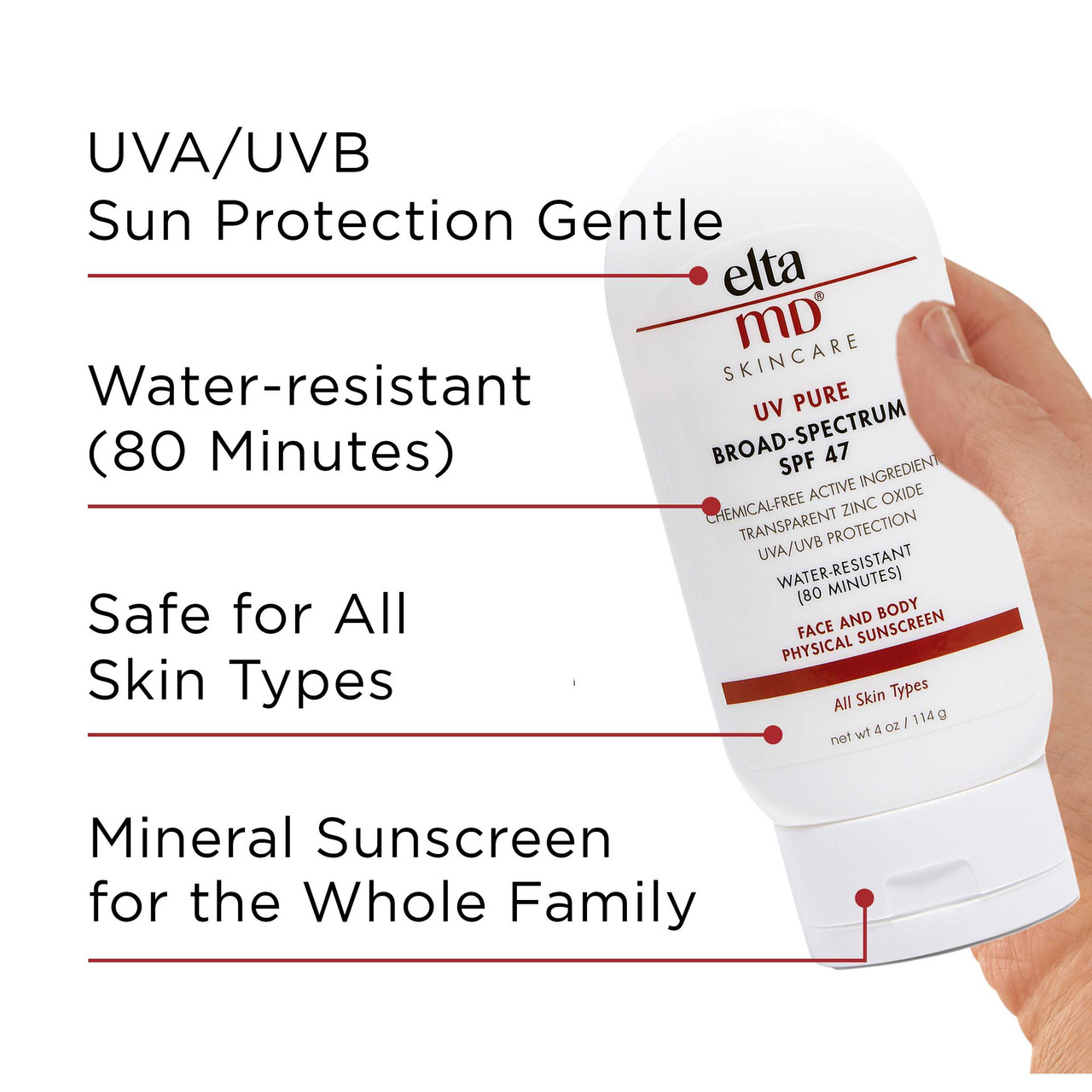 EltaMD UV Pure tube with UVA/UVB, water-resistant and safe for all skin types callouts