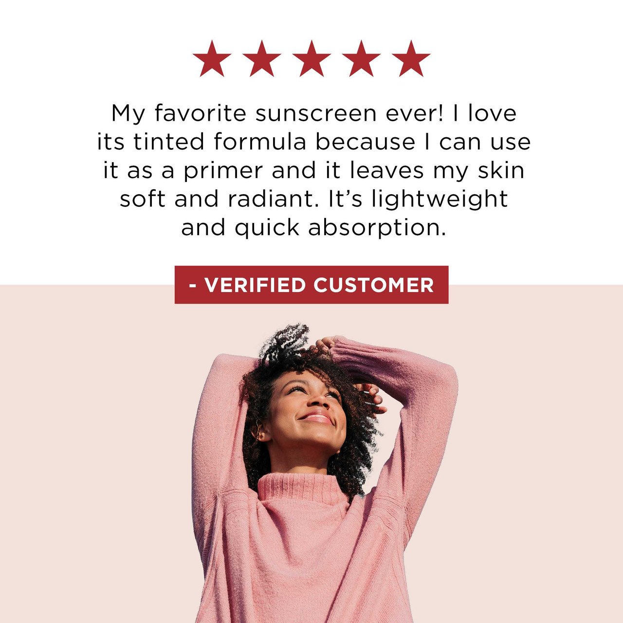 Five-star verified customer review graphic with smiling woman