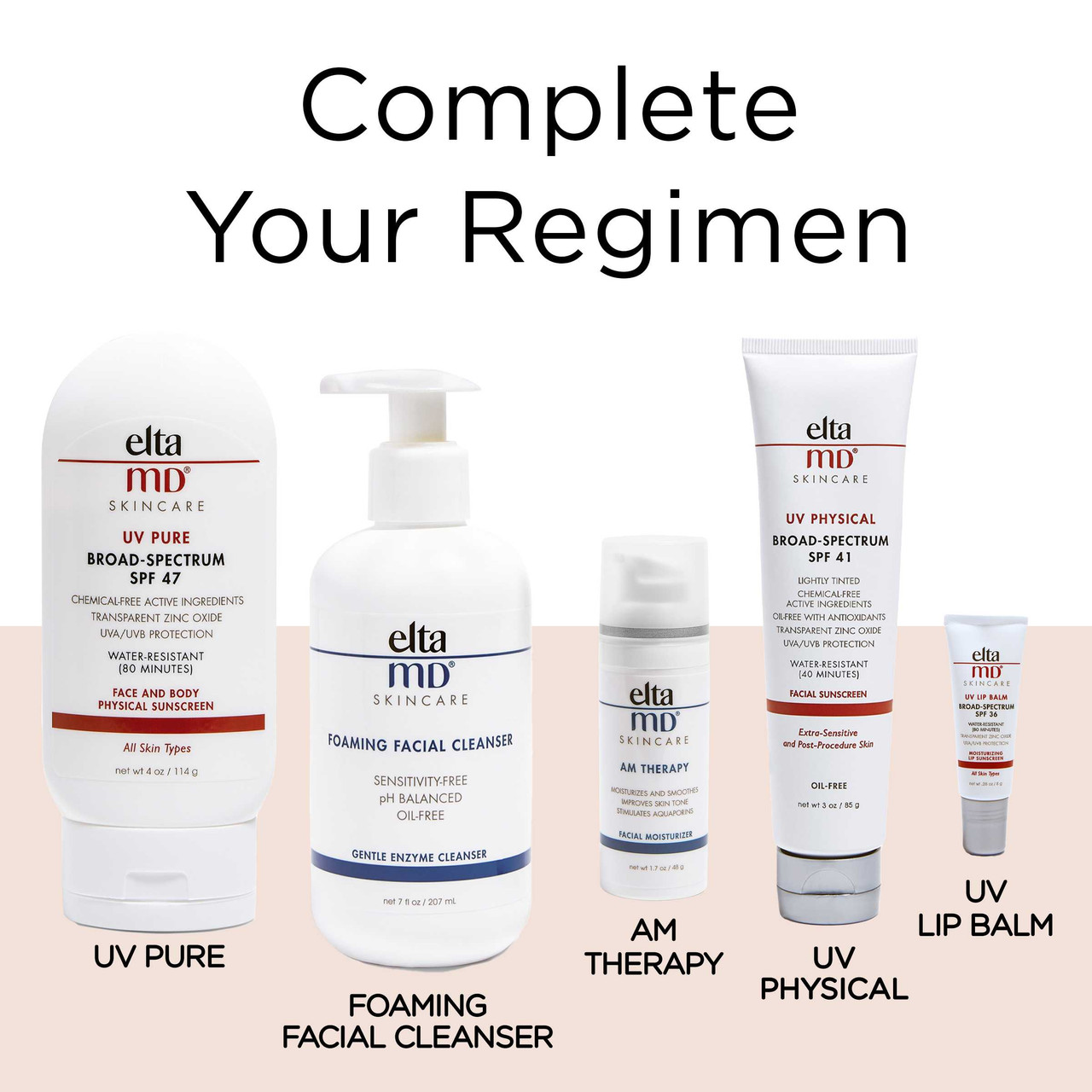 EltaMD complete your regimen: UV Pure, foaming facial cleanser, AM Therapy, UV Physical, lip balm