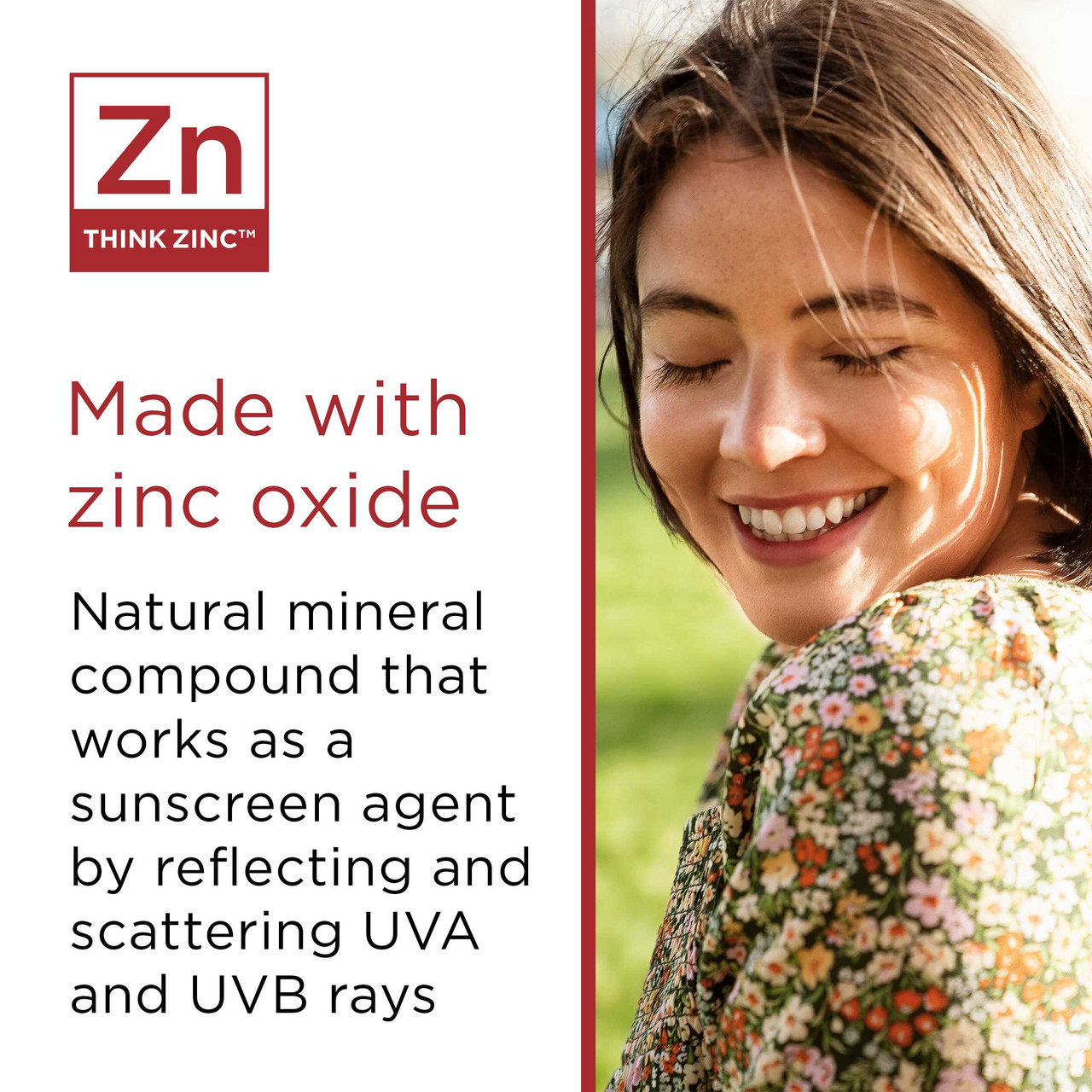Smiling woman with made with zinc oxide mineral text