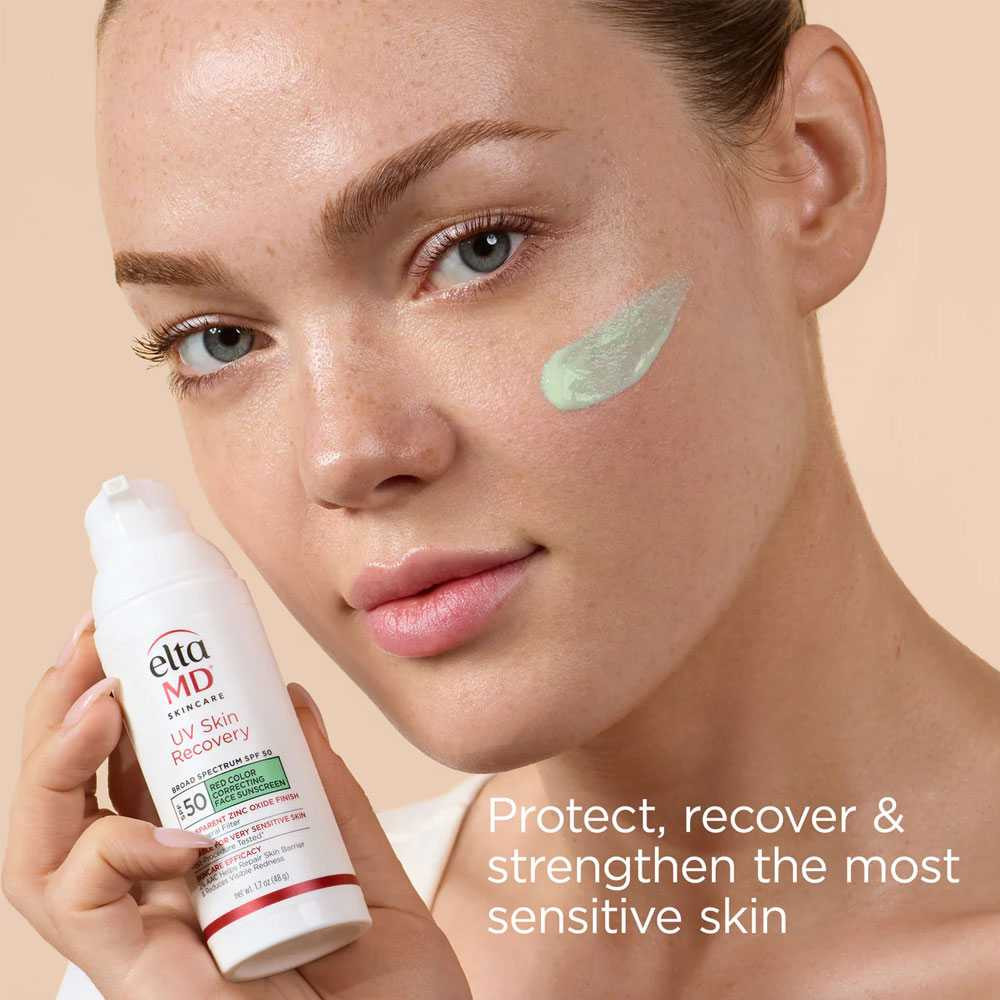 Woman with green tint on her cheek holding UV Skin Recovery, protect and recover text