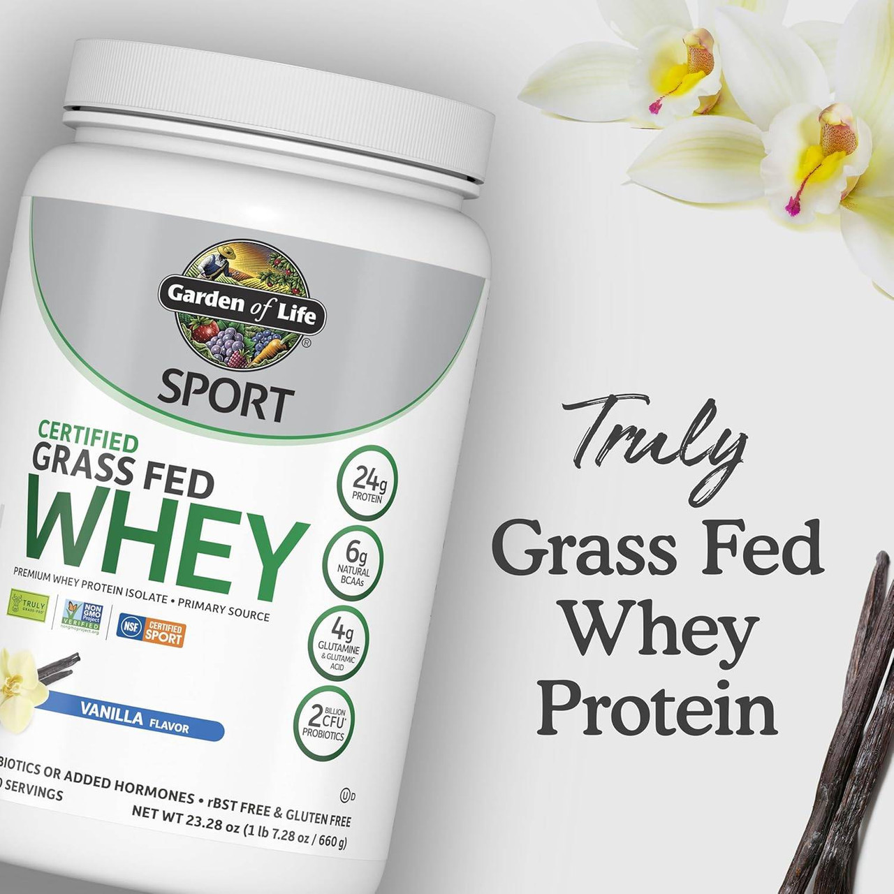 Grass Fed Whey tub with vanilla flowers and beans, truly grass fed whey protein