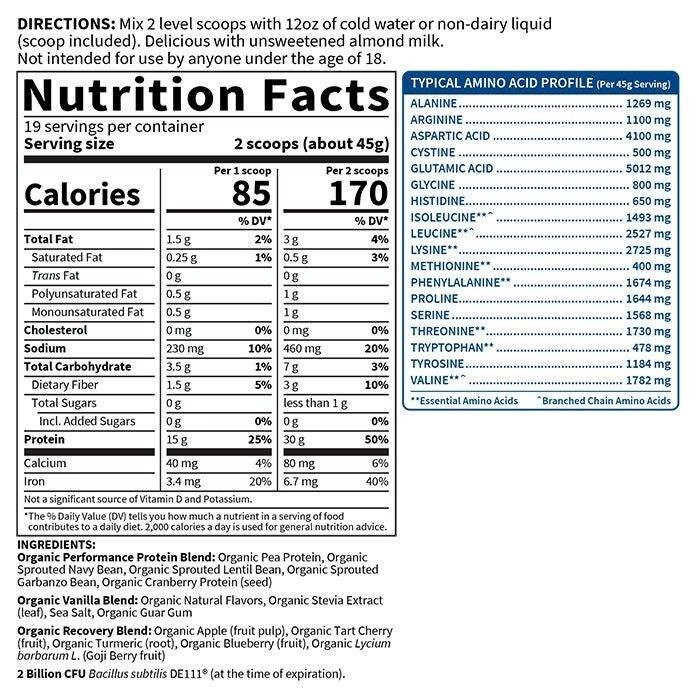 SPORT Organic Plant-Based Protein nutrition facts and amino acid profile