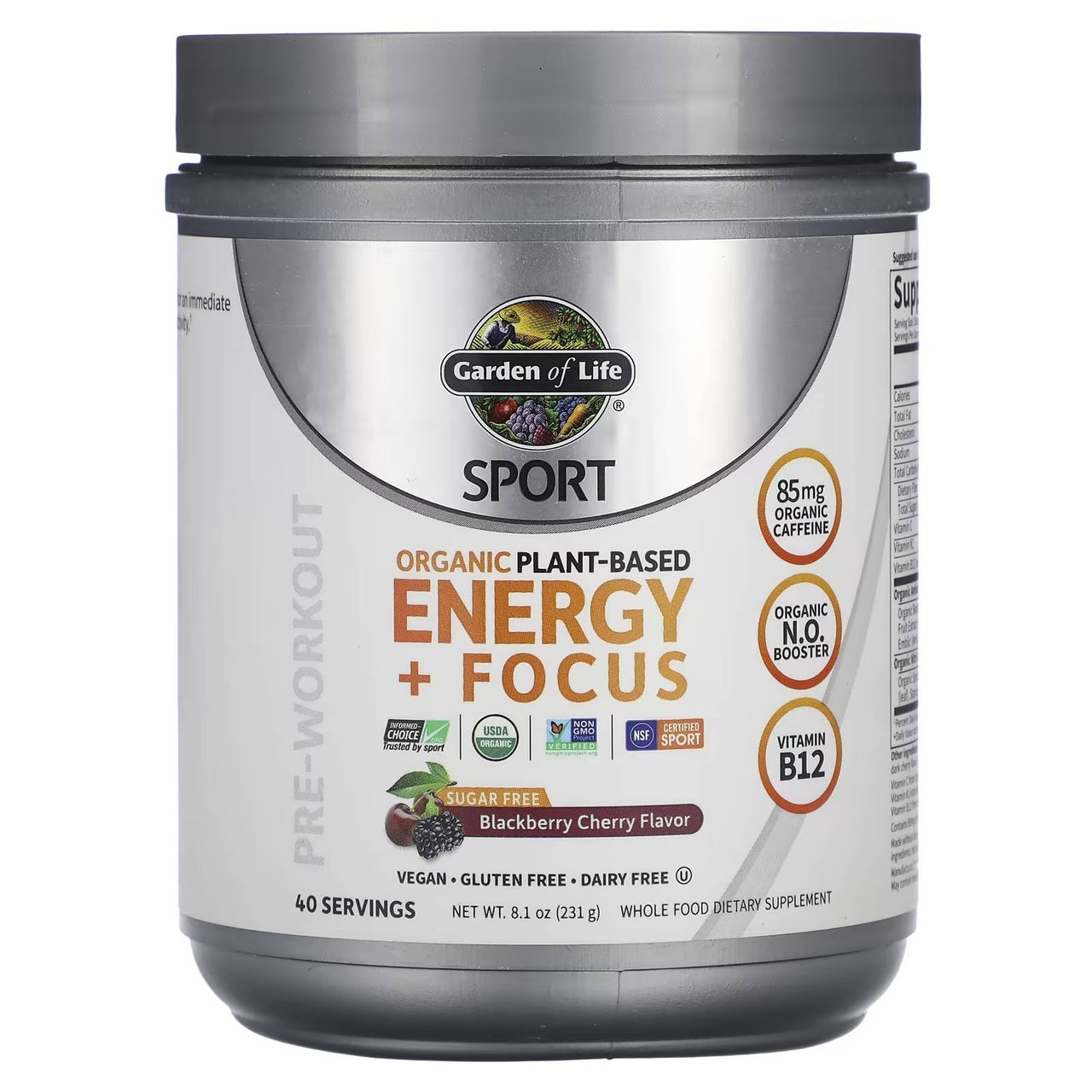 Garden of Life SPORT Organic Plant-Based Energy + Focus Sugar-Free Blackberry Cherry 231 g tub