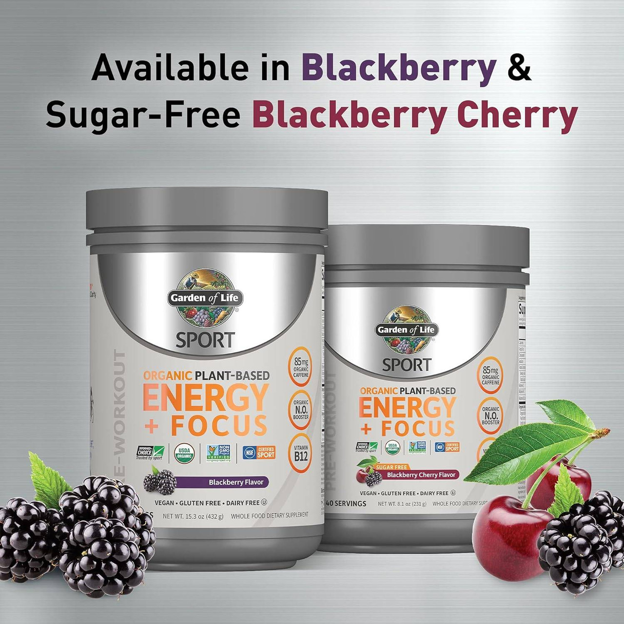 Blackberry and Sugar-Free Blackberry Cherry Energy + Focus tubs with fruit