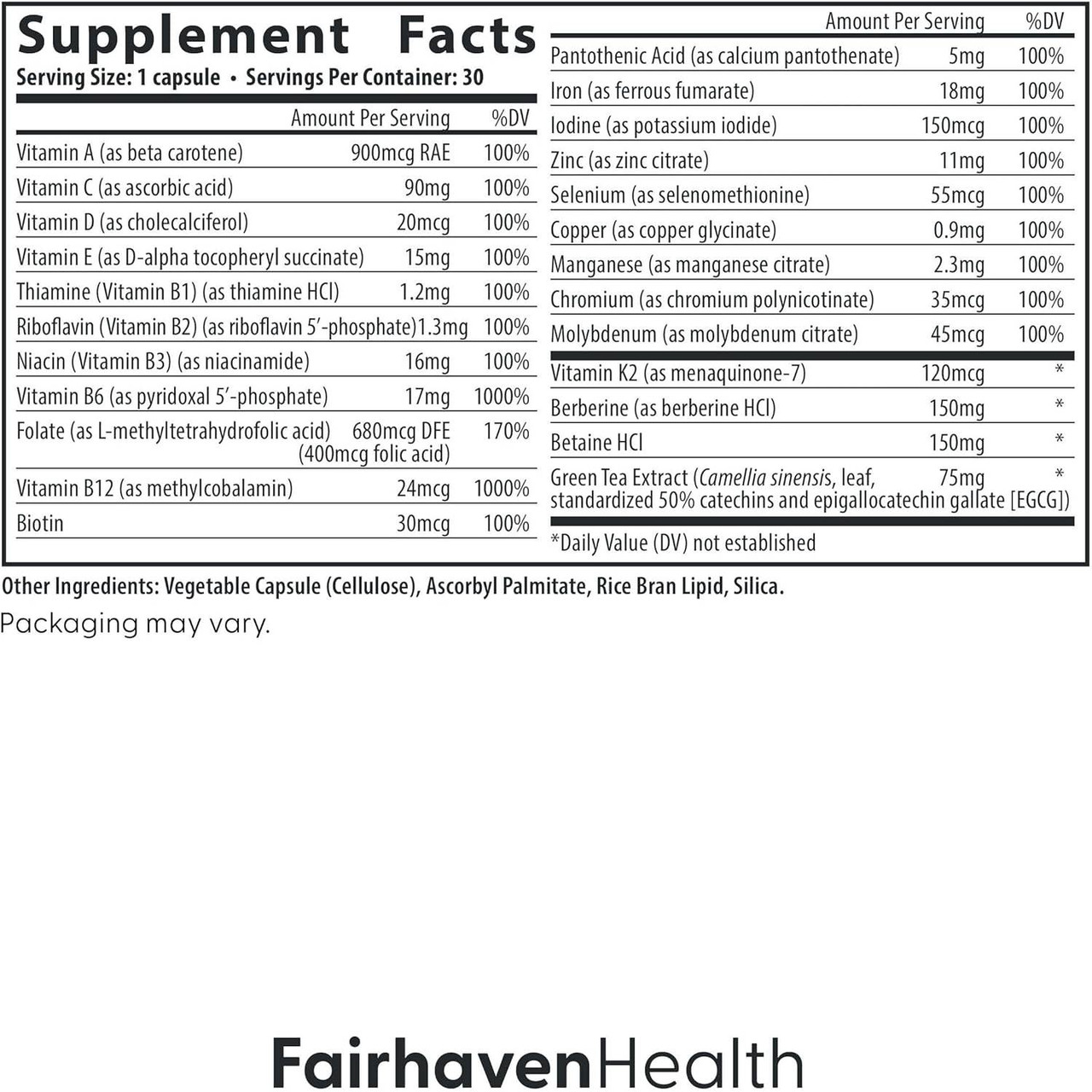 Menopause Multivitamin Essentials supplement facts panel