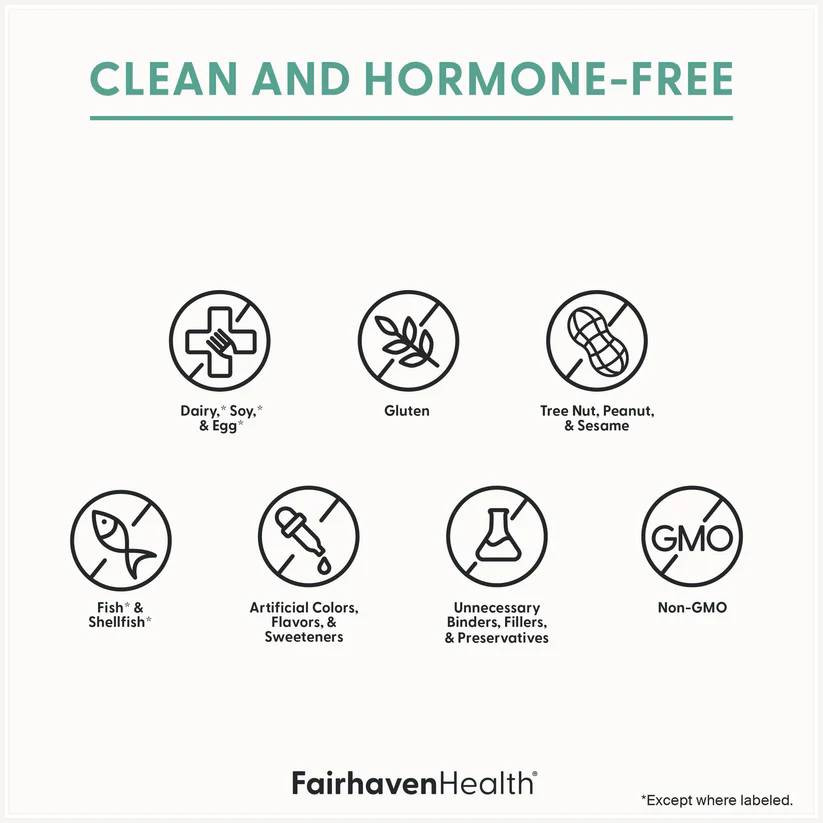 Fairhaven Health clean and hormone-free graphic with free-from allergen icons