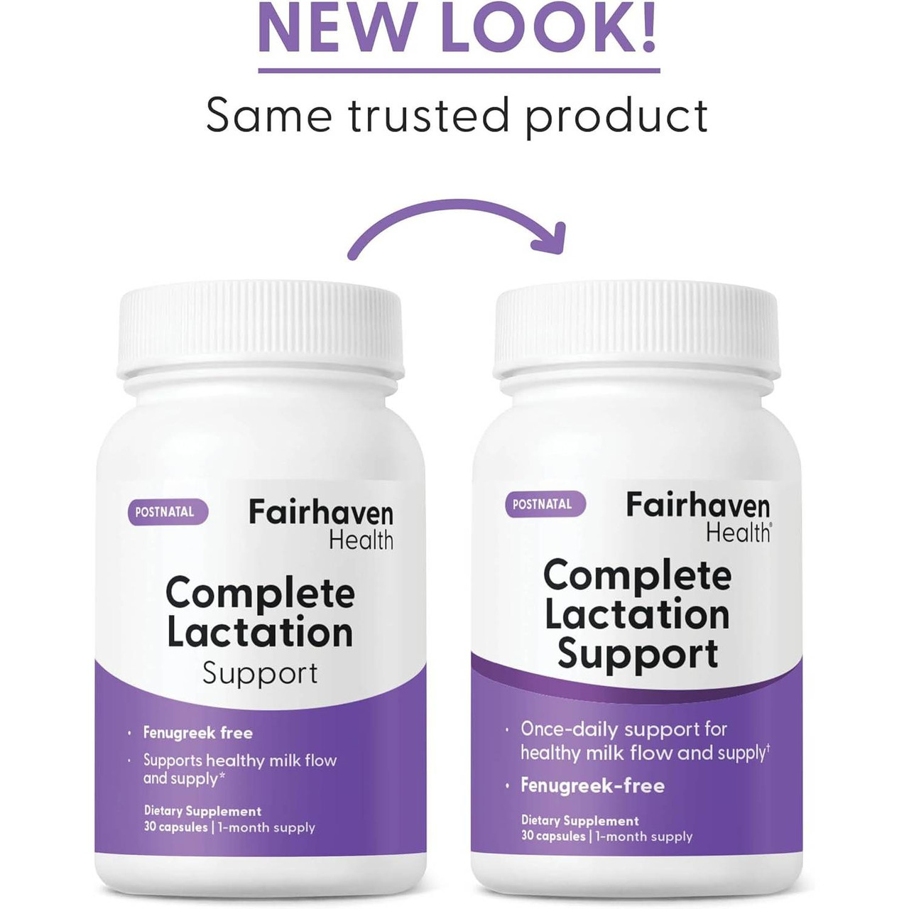 Old and new Complete Lactation Support bottles, new look same trusted product