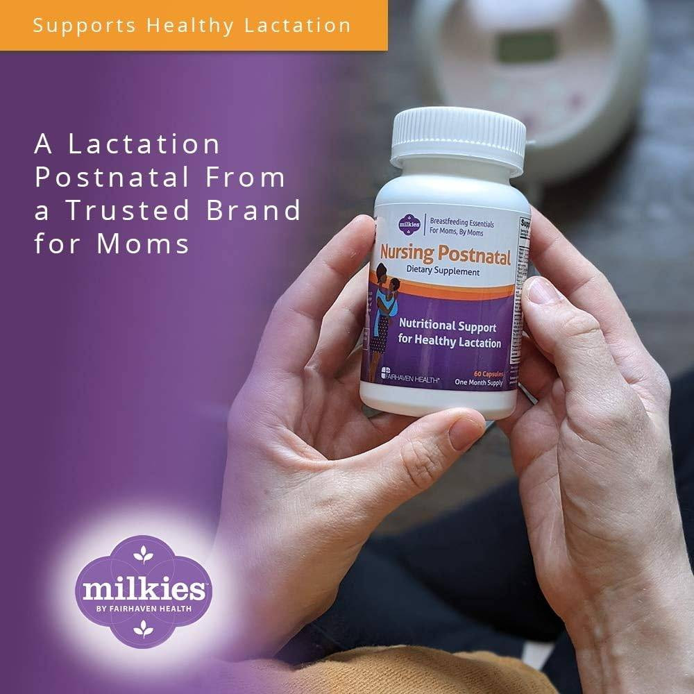 Hands holding Nursing Postnatal bottle, supports healthy lactation graphic