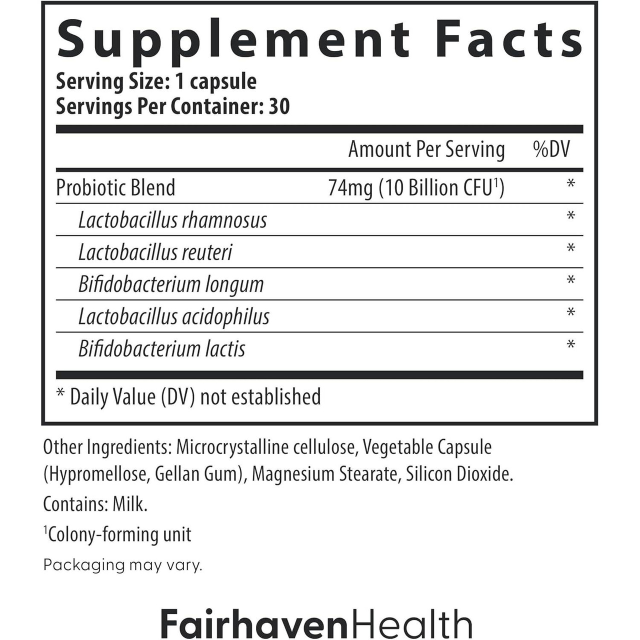 IsoFresh Vaginal Probiotic supplement facts panel
