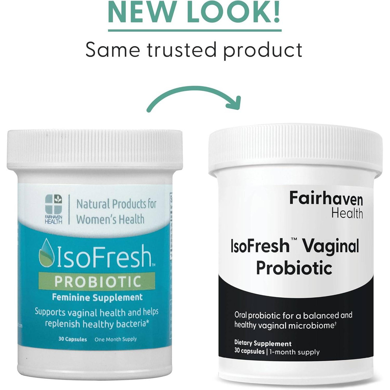 Old and new IsoFresh probiotic bottles, new look same trusted product