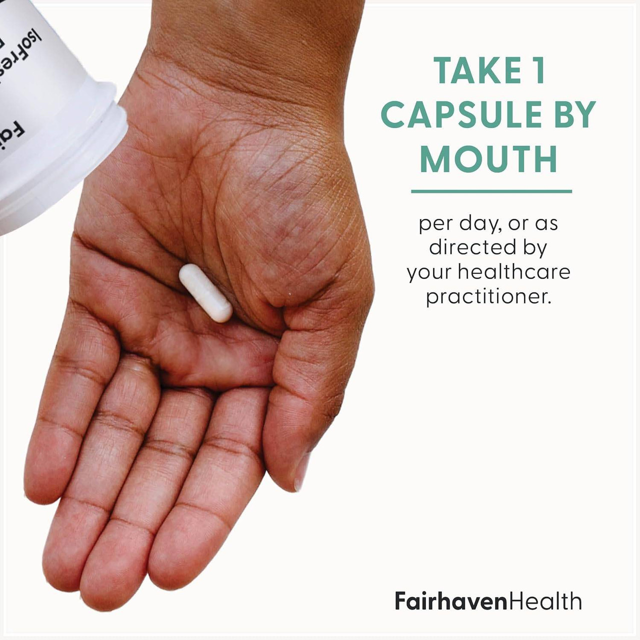 Open hand holding a capsule, take 1 capsule by mouth per day graphic