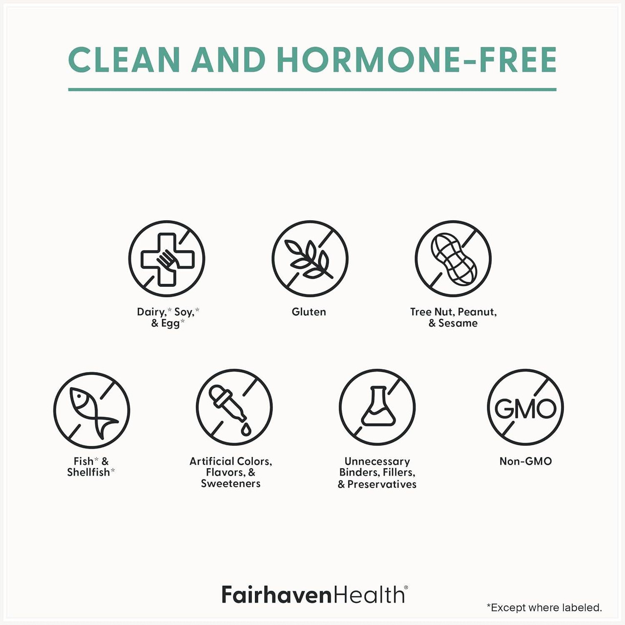 Fairhaven Health clean and hormone-free graphic with free-from allergen icons