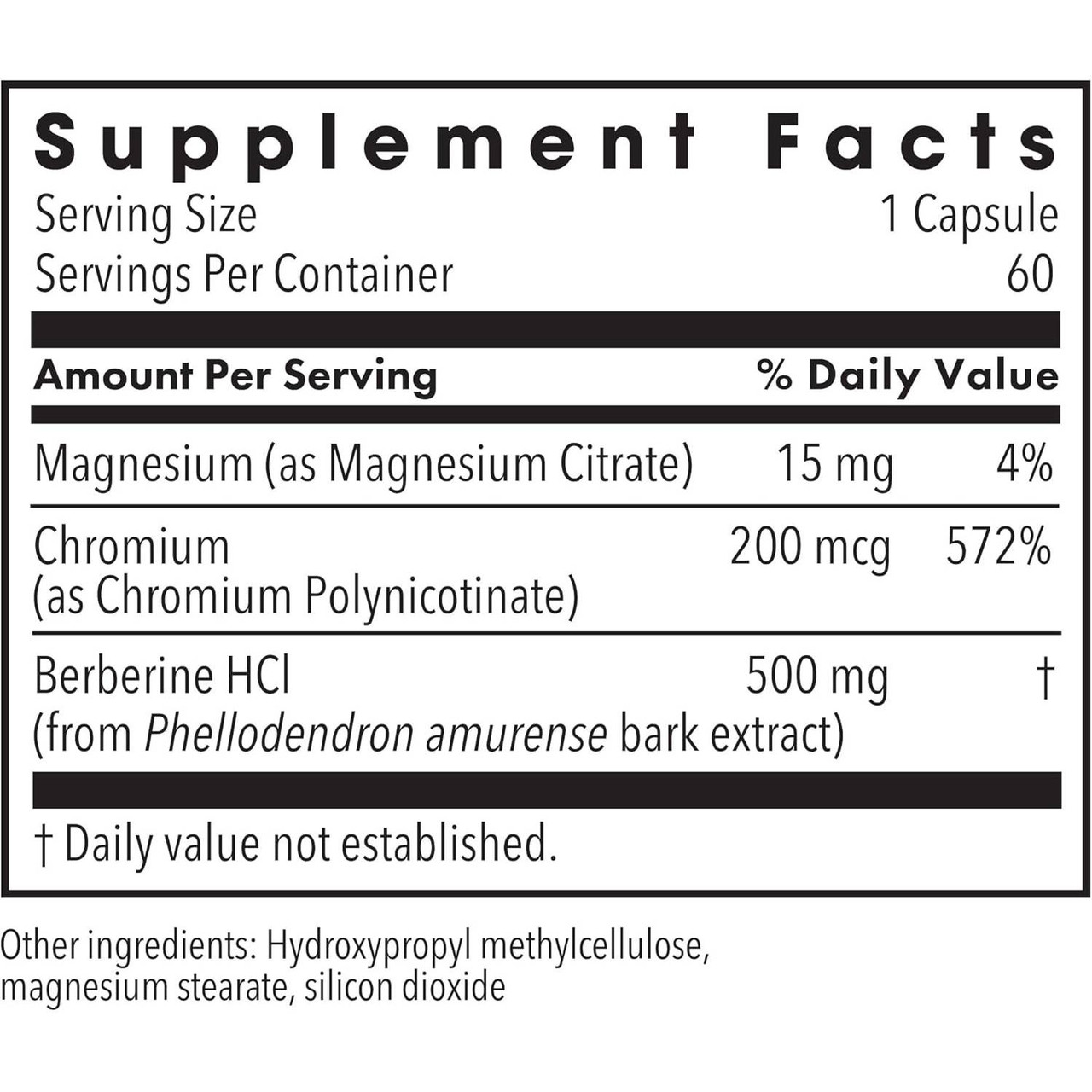 Berberine + Chromium supplement facts, 1 capsule serving