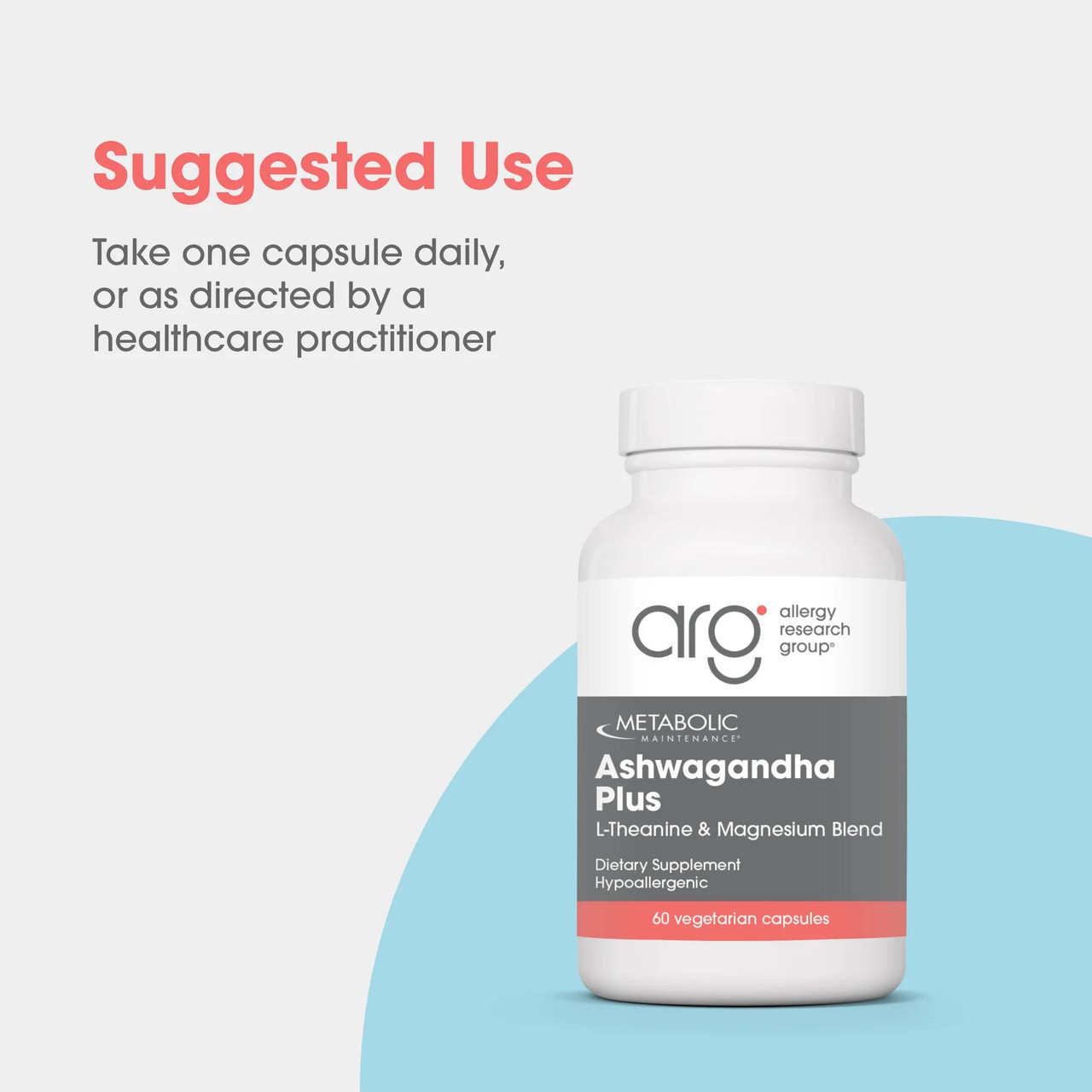 Allergy Research Group Ashwagandha Plus bottle, take one capsule daily