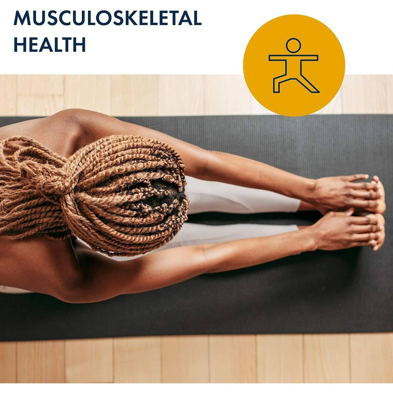 Woman stretching on a mat, musculoskeletal health graphic