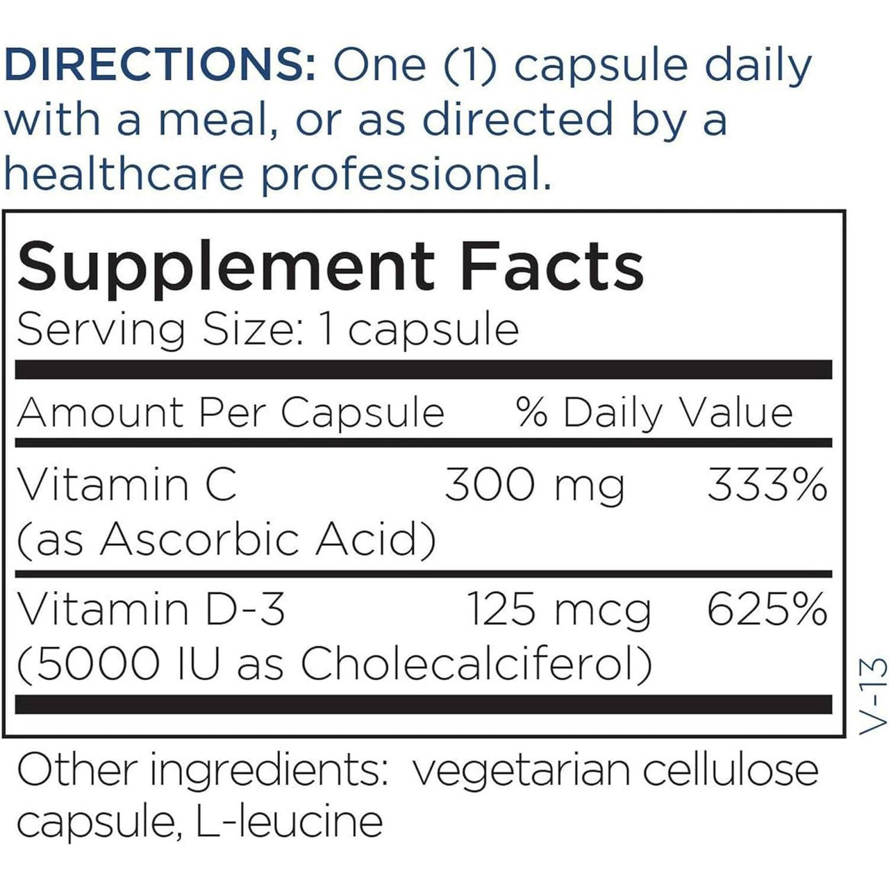 Vitamin D-3 directions and supplement facts, 125 mcg vitamin D3 with vitamin C