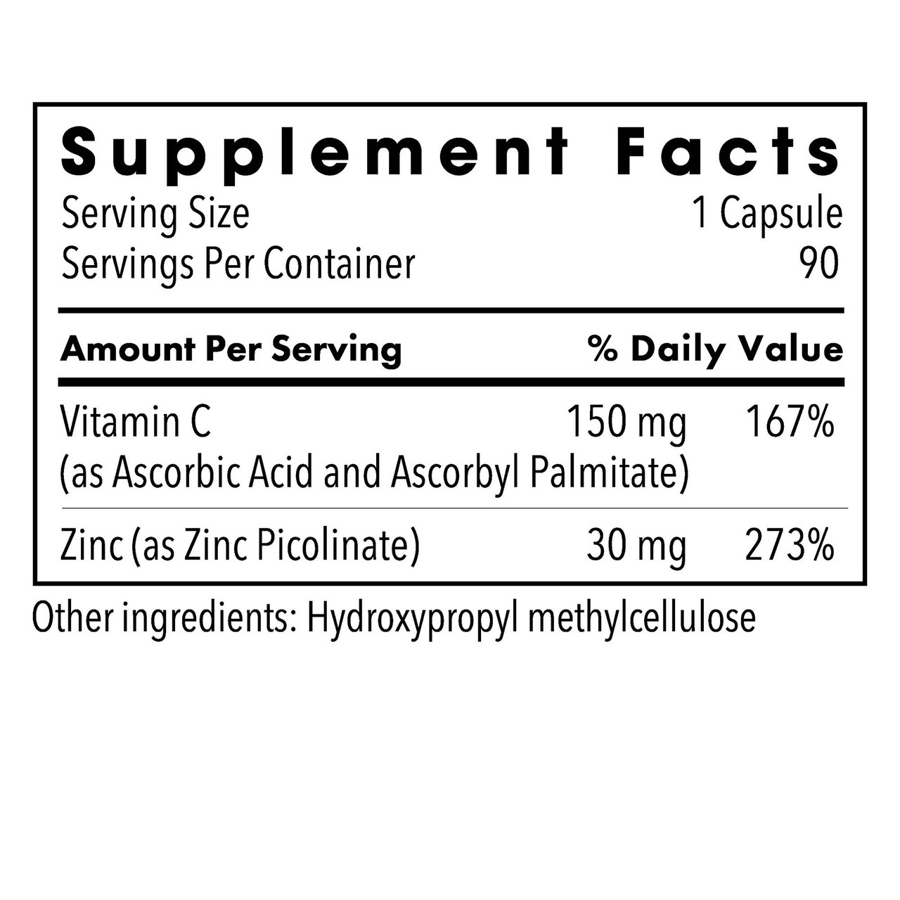Zinc Picolinate supplement facts, 30 mg zinc with 150 mg vitamin C per capsule, 90 servings