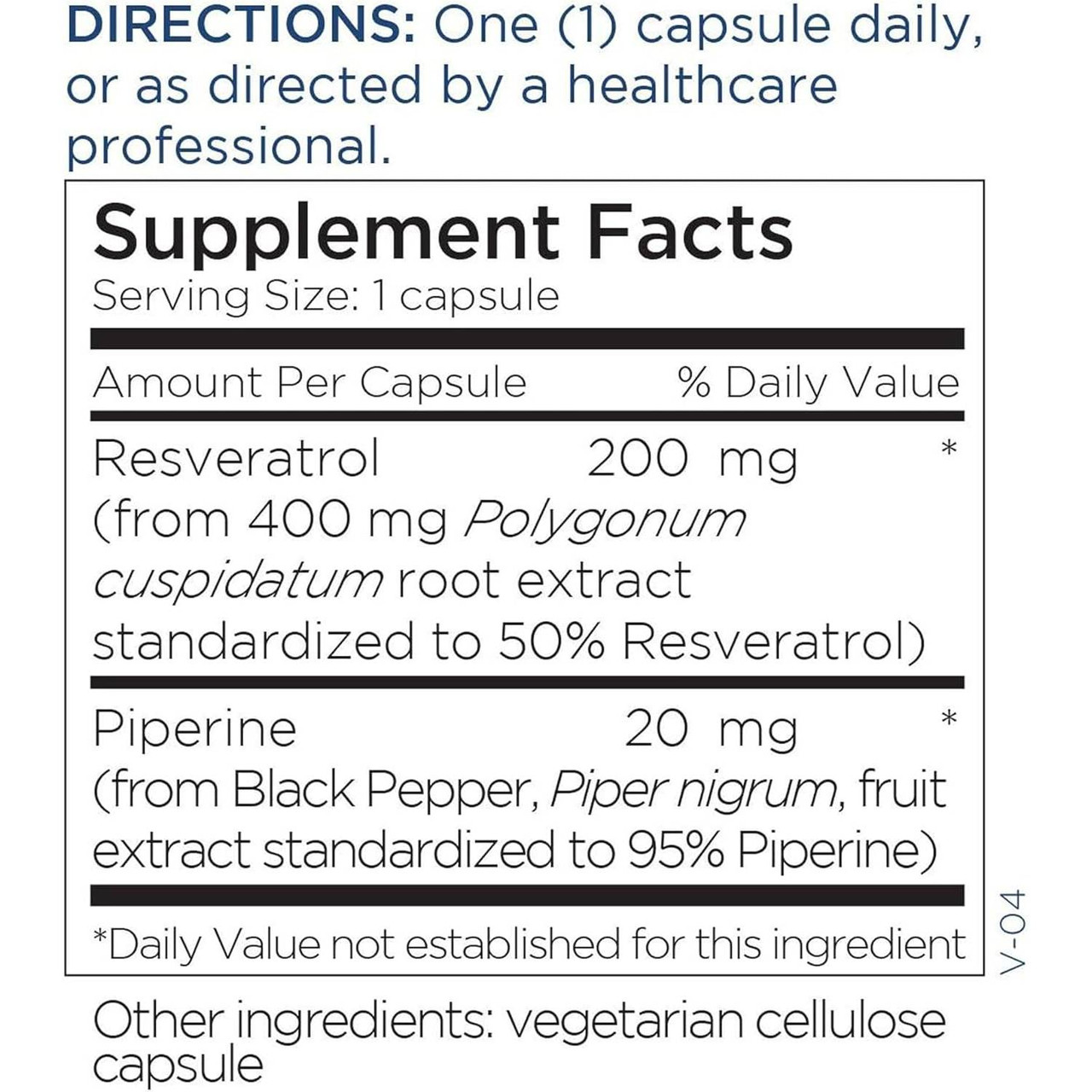 Resveratrol with Piperine supplement facts and directions