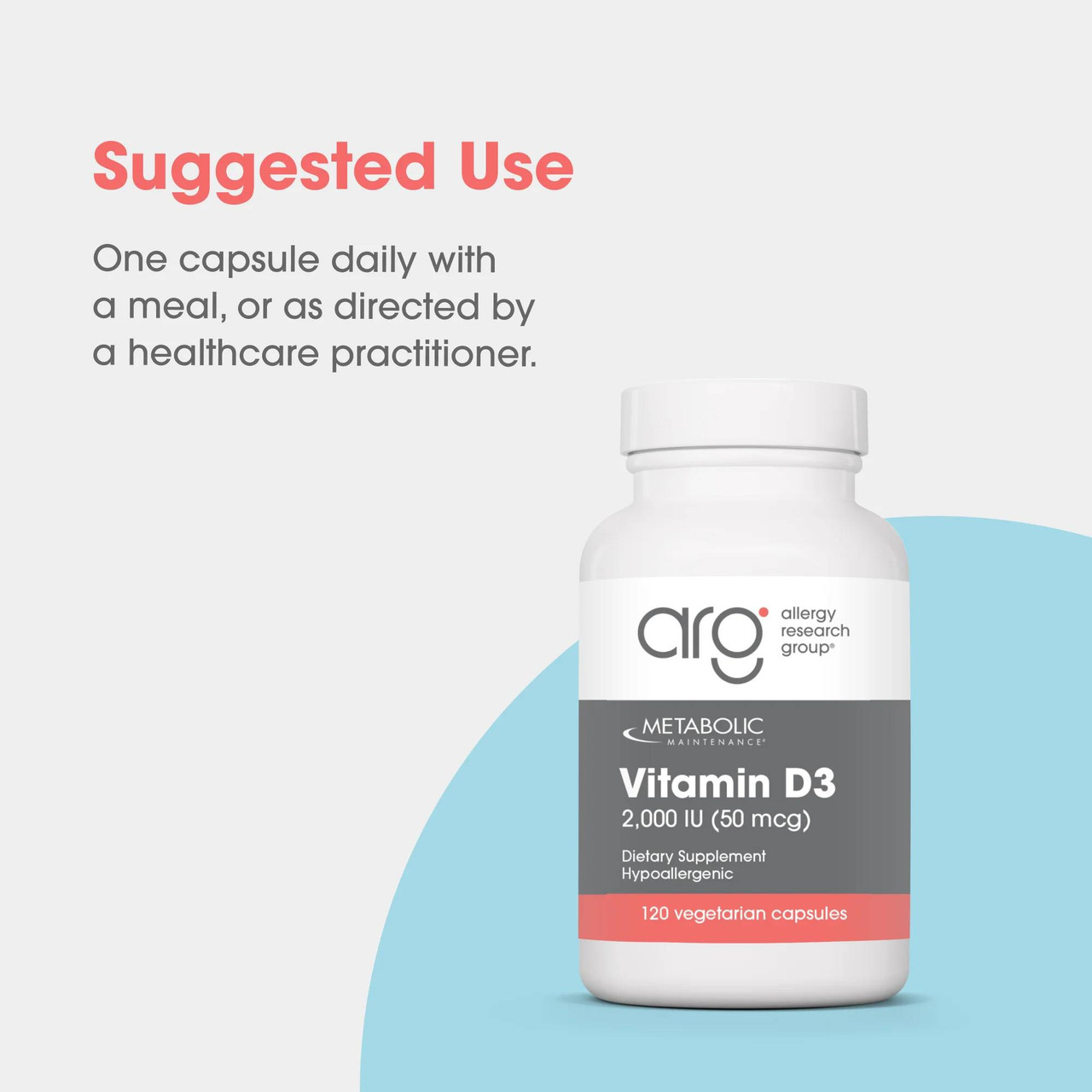 Allergy Research Group Vitamin D3 2000 IU bottle, one capsule daily with a meal