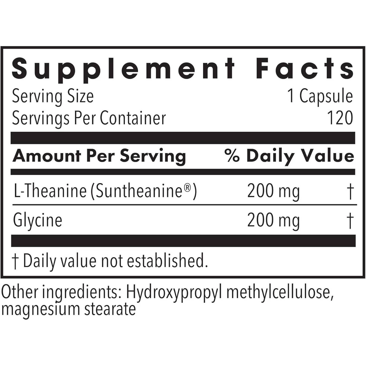 L-Theanine supplement facts, 200 mg Suntheanine and glycine per capsule