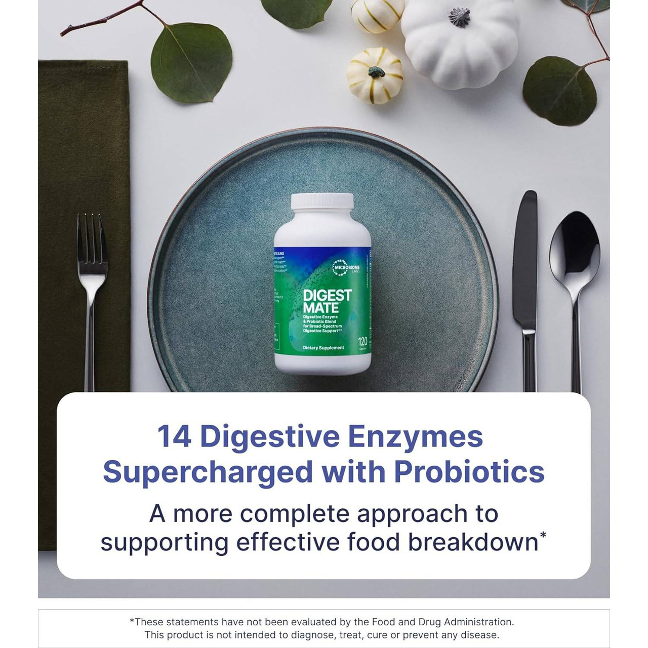 Place setting with bottle and 14 digestive enzymes text