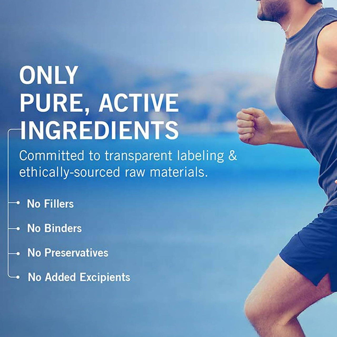 Man running by the sea, only pure, active ingredients graphic with no fillers or binders list