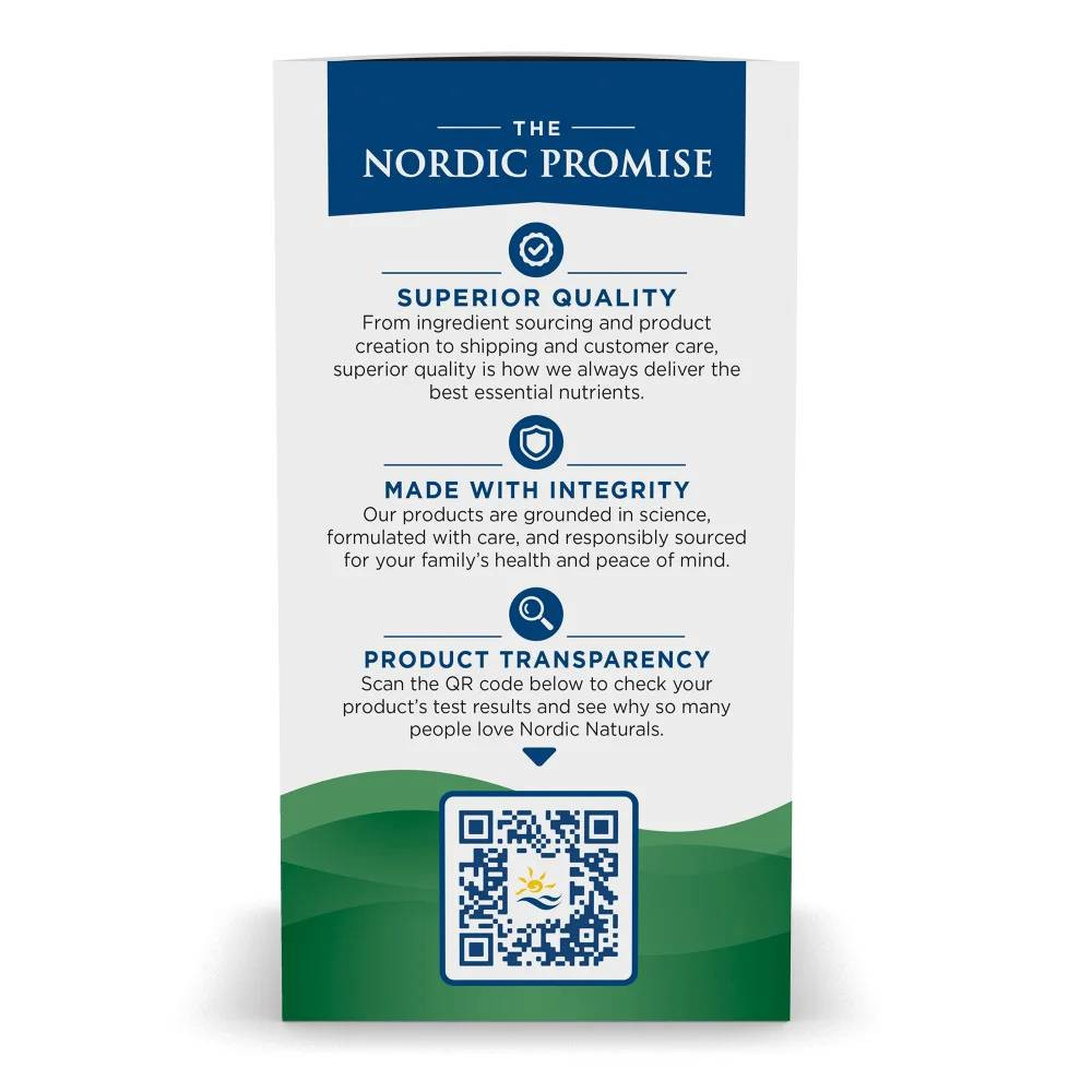 Nordic Promise box side: superior quality, made with integrity, product transparency and QR code