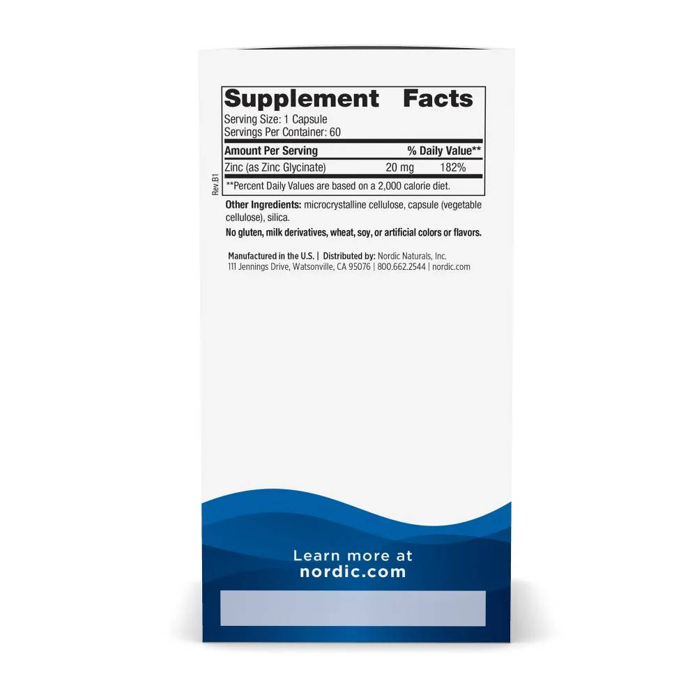 Zinc Glycinate box side with supplement facts, 20 mg zinc per capsule