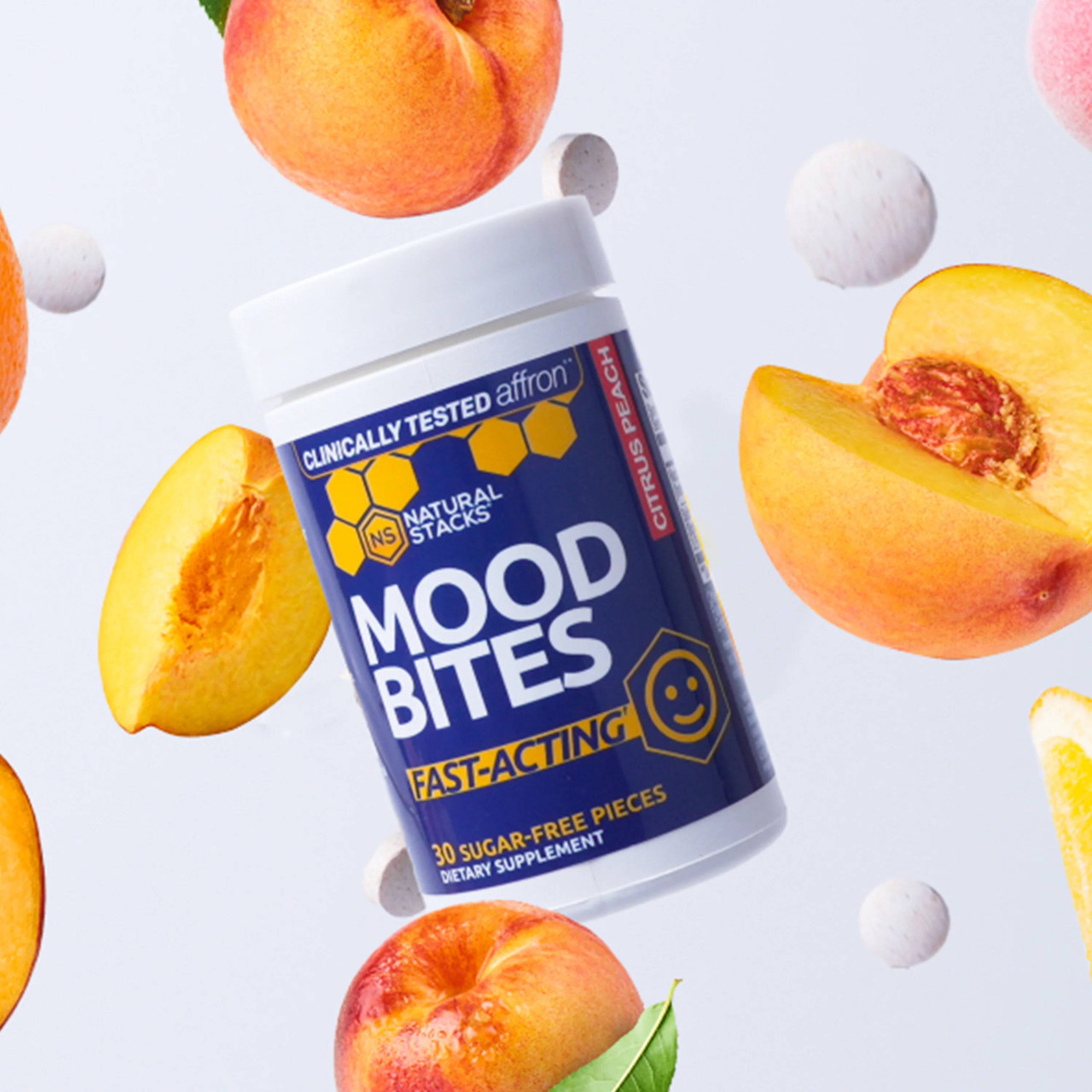 Mood Bites bottle with floating peach slices and chewable tablets