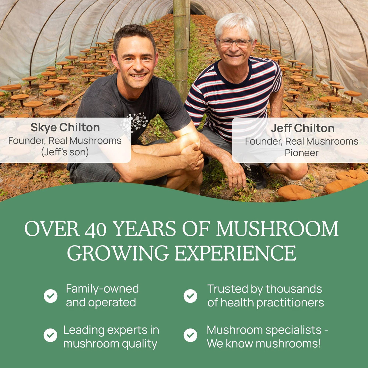 Real Mushrooms founders in a mushroom farm, over 40 years of growing experience graphic